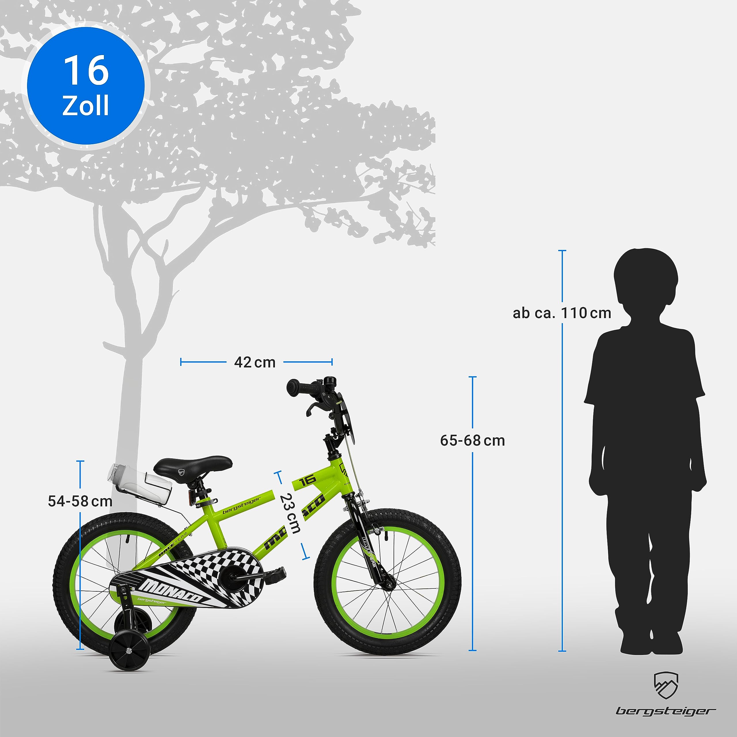 Bergsteiger Monaco 16 Zoll Kinderfahrrad, geeignet für 4, 5, 6 Jahre, BMX, Stützräder, Rücktrittbremse, Trinkflasche, Kettenschutz