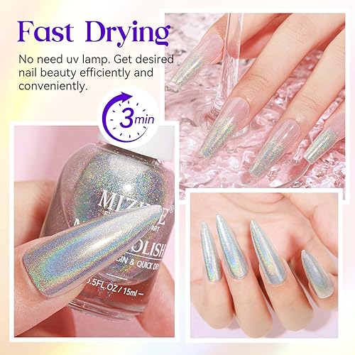 Miniatura 4 de MIZHSE Esmalte de uñas holográfico, esmalte de uñas plateado con purpurina de secado rápido, 0.5 fl oz0.5 fl oz, pigmento de uñas brillante de alto