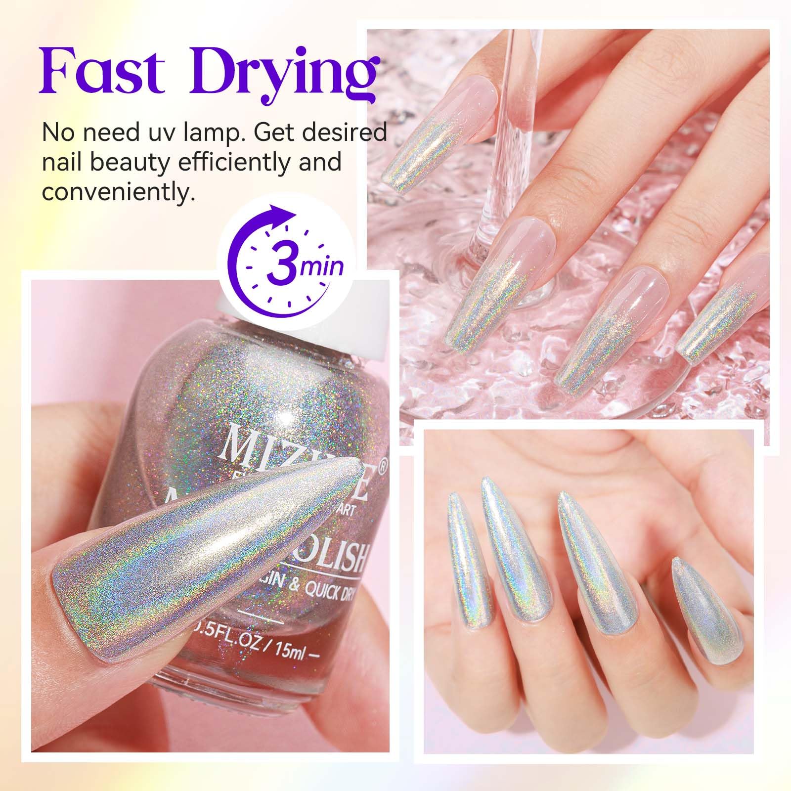 MIZHSE Holographic Nail Polish, Silver Glitter Nail Polish Air Dry Fast, 15 ml 0.5 fl oz High Glossy Shiny Nail Pigment Oil-based Laser Iridescent Nail Lacquer Chrome Halo Nail Art Salon Manicure Home