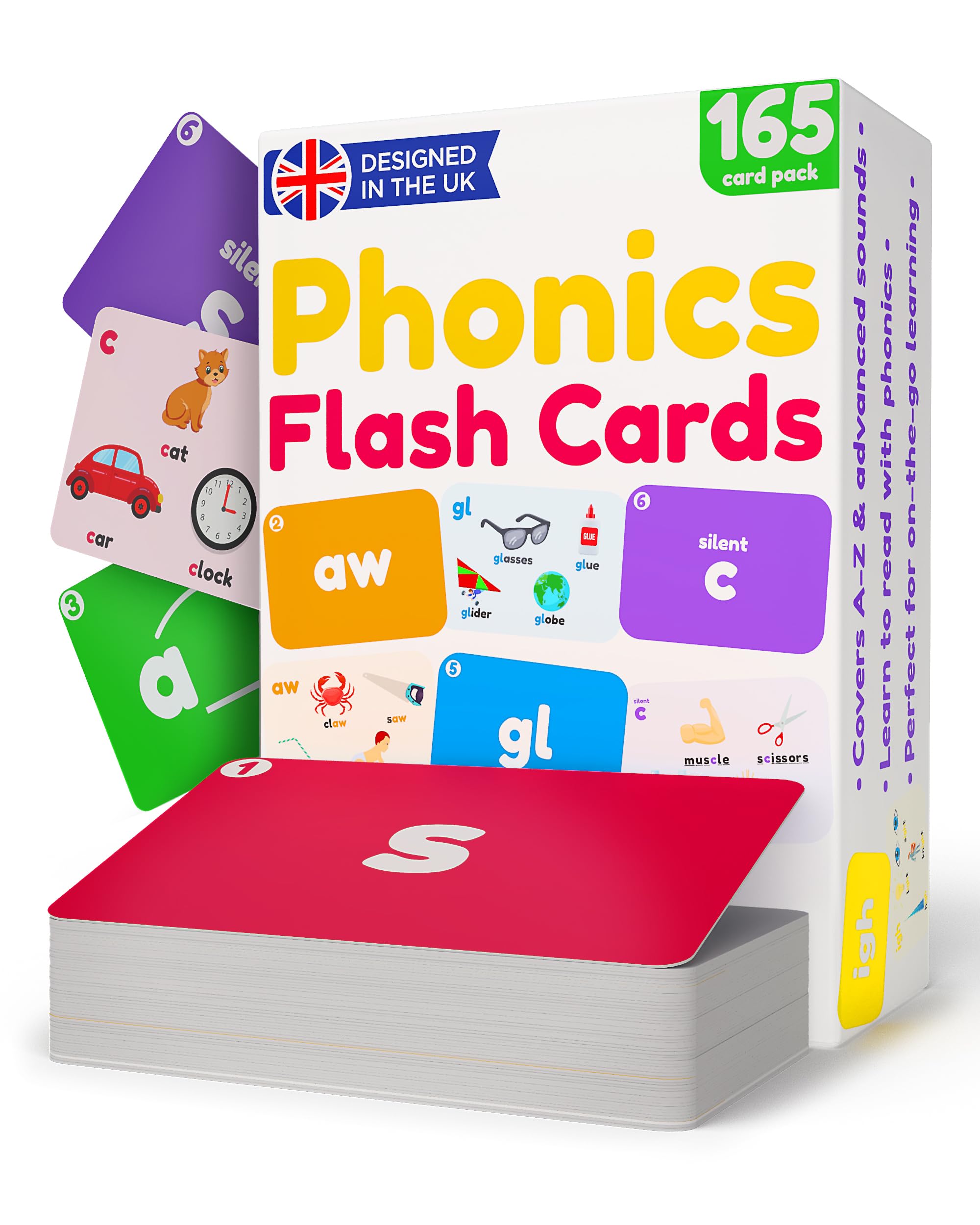 Phonics - Schede flash per bambini dai 3 anni in su, 165 carte didattiche su entrambi i lati, lettere, digrafi, trigrafi, miscele e parole difficili, giochi colorati per la lettura precoce e