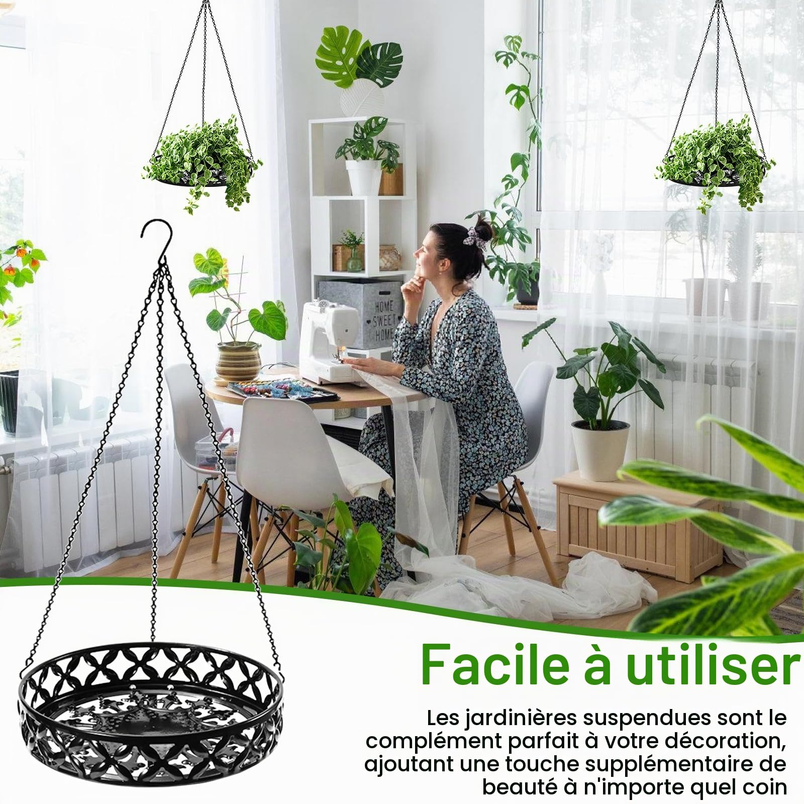 Jardinières Suspendues En Métal Noir,Panier De Fleurs À Suspendre En Métal Avec Crochet De Plafond,Chaîne De Suspension,Pots De Fleurs À Suspendre,Pot De Décoration A Suspendre Pour Plantes(22Cm,25Cm)