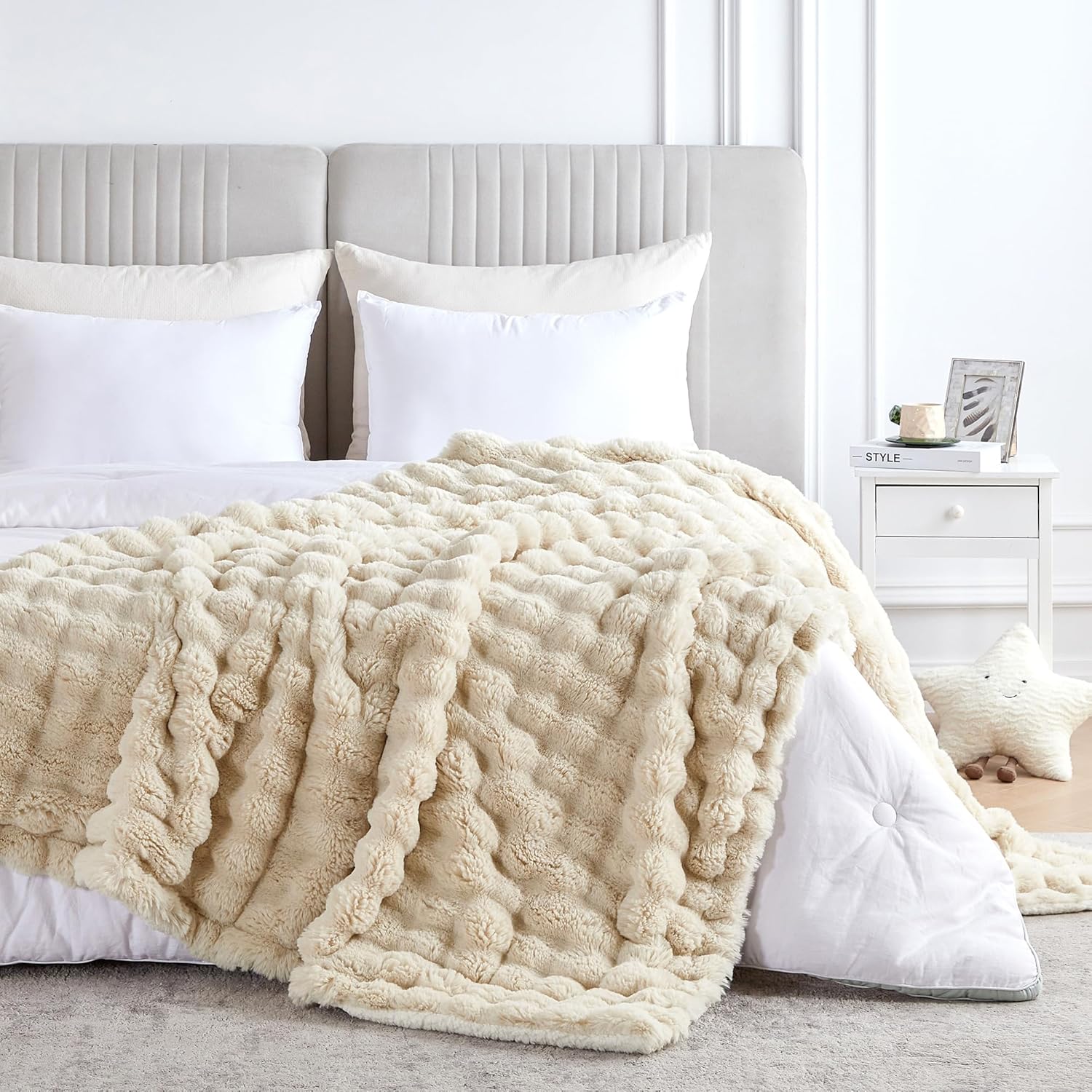 60x80 Inches Ultra-Soft Fuzzy Faux Fur Plush Twin Size Blanket - Thick, Warm Sherpa for Couch, Sofa, Bedroom, Camping - Decorative Blanket for Cozy Warmth, Bubble Khaki - Image 5