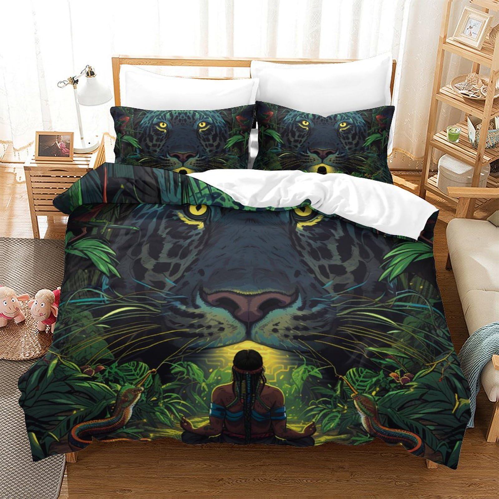 Parure de lit microfibre super douce imprimé 3D jungle animaux housse couette 260x220cm