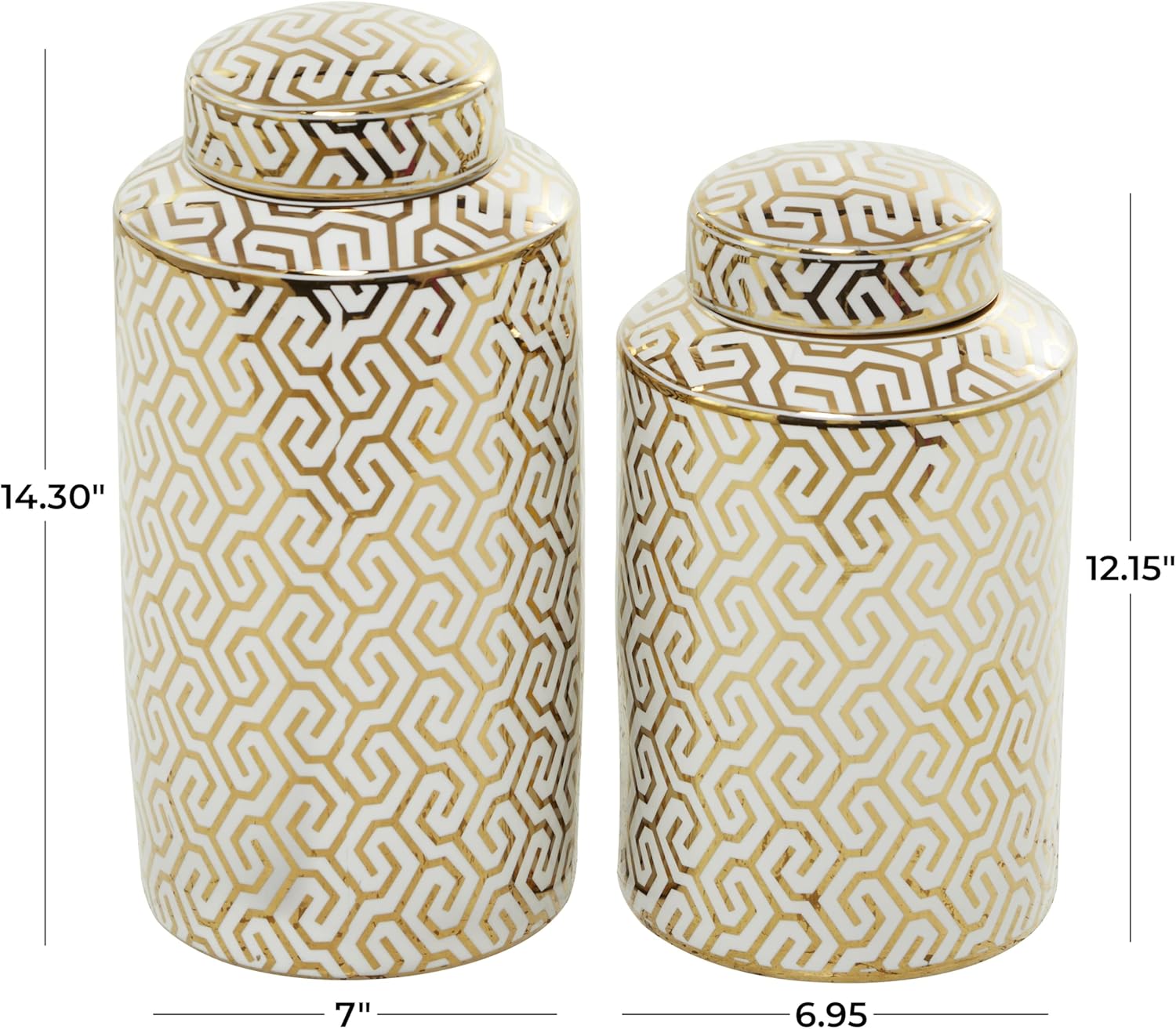 Deco 79 Ceramic Geometric Living Room Decorative Jars Decorative Container with White Accents, Set of 2 Jar with Lid 14", 12"H, Gold