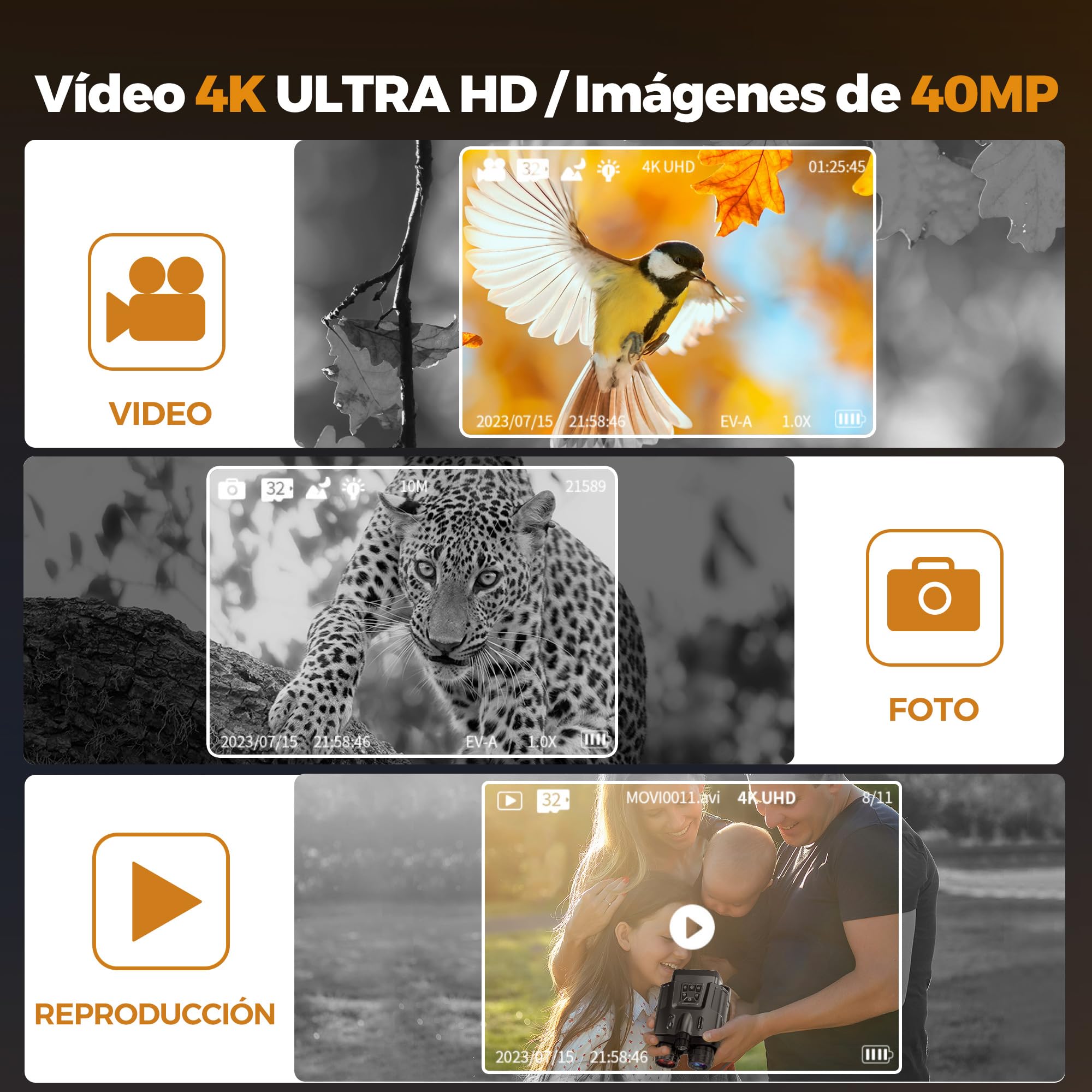 TKWSER Dispositivo de visión Nocturna, 4K, Zoom Digital 8X con Infrarrojos, visión Nocturna, 5000 mAh, Recargable, Distancia Visual de 600 m, Pantalla TFT UHD de 3 Pulgadas, IP65, Resistente al Agua,