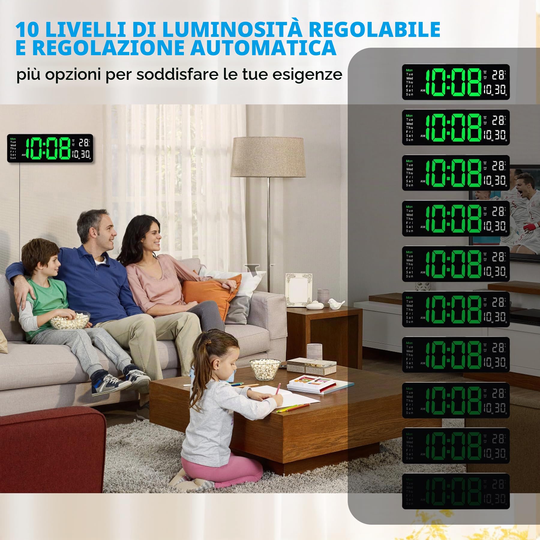 Sukeen Orologio digitale da parete digitale da 13 pollici, orologio da parete, sveglia digitale, telecomando/conteggio avanti e indietro/dimmer a 10 livelli, doppio allarme/data/temperatura - Verde