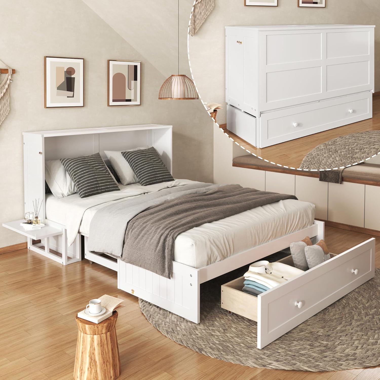 ModernLuxe Double Murphy Bed Frame unfolded with drawers and side shelves