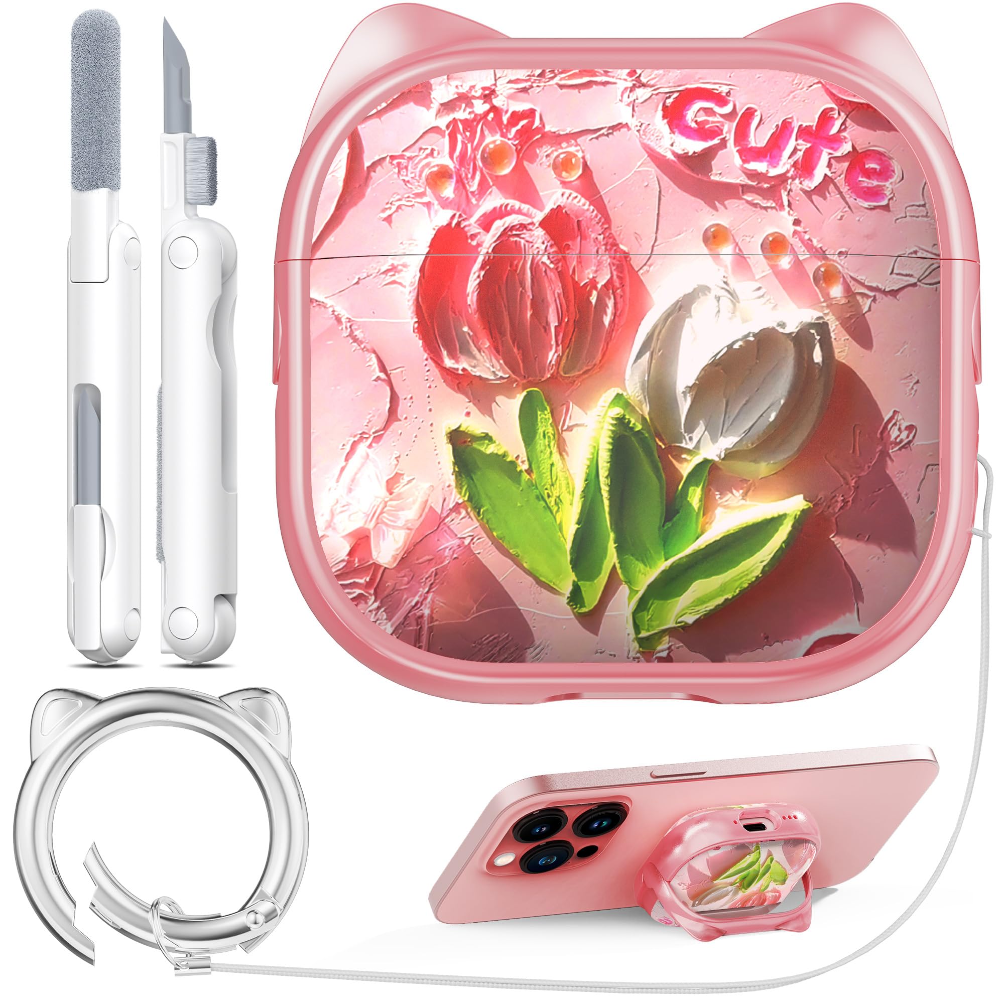RFUNGUANGO AirPods 4 Case for Women Girly Cat Case with Lock, Phone Stand, Keychain & Cleaner Kit, Compatible with Apple Airpods 4th Generation Case