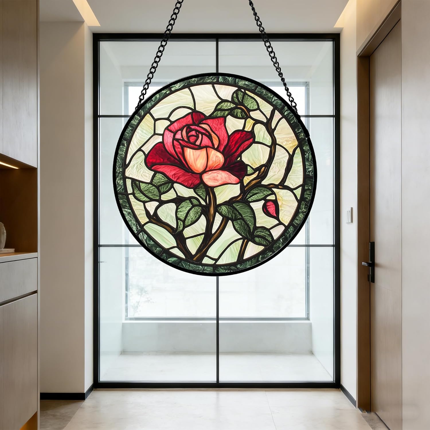 Stained Glass Window Hanging, Red Rose Flowers Sun Catcher for Door Garden Home Decor Suncatcher Christmas Mother's Day Birthday Gifts for Women Lovers Men Wife Girlfriend Mom Nana 9.8 in