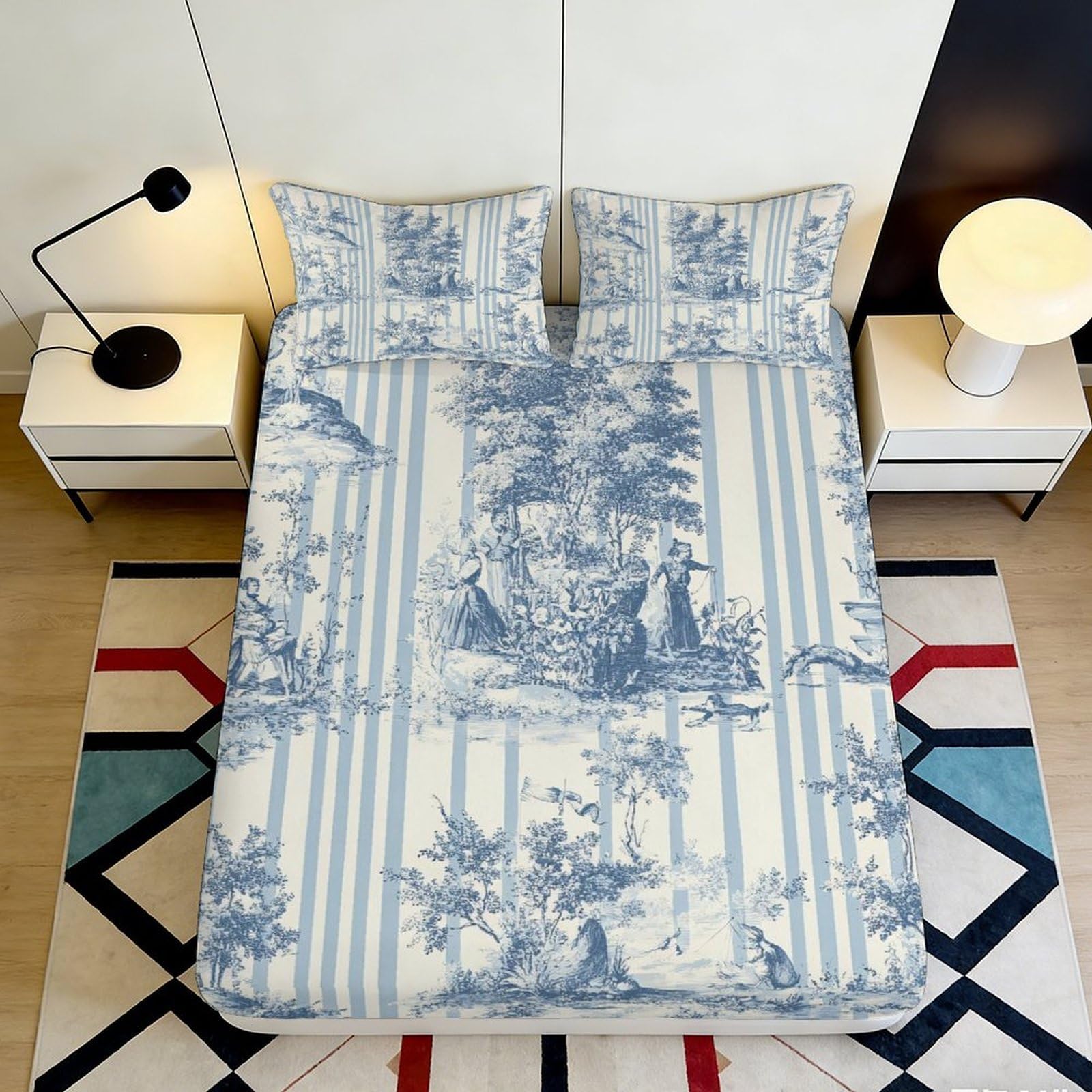 3D Printed Vintage Pastoral Stripe Fitted Sheet Microfiber Blue Toile Mattress Cover for Bedroom Guest Room Decor 180x200x25cm