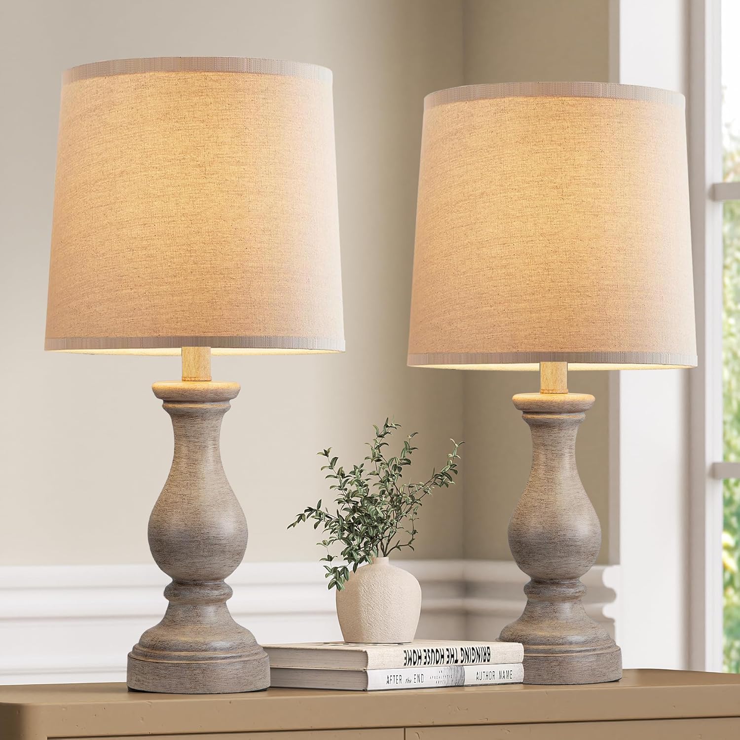 Seealle Farmhouse Table Lamps Set of 2 - Rustic Lamp for Bedroom Living Room, 22" Boho Bedside Lamps for Night Stands End Table Office Desk Lamp Nightstand with Linen Shades(Wood Painted) F. Wood Painted