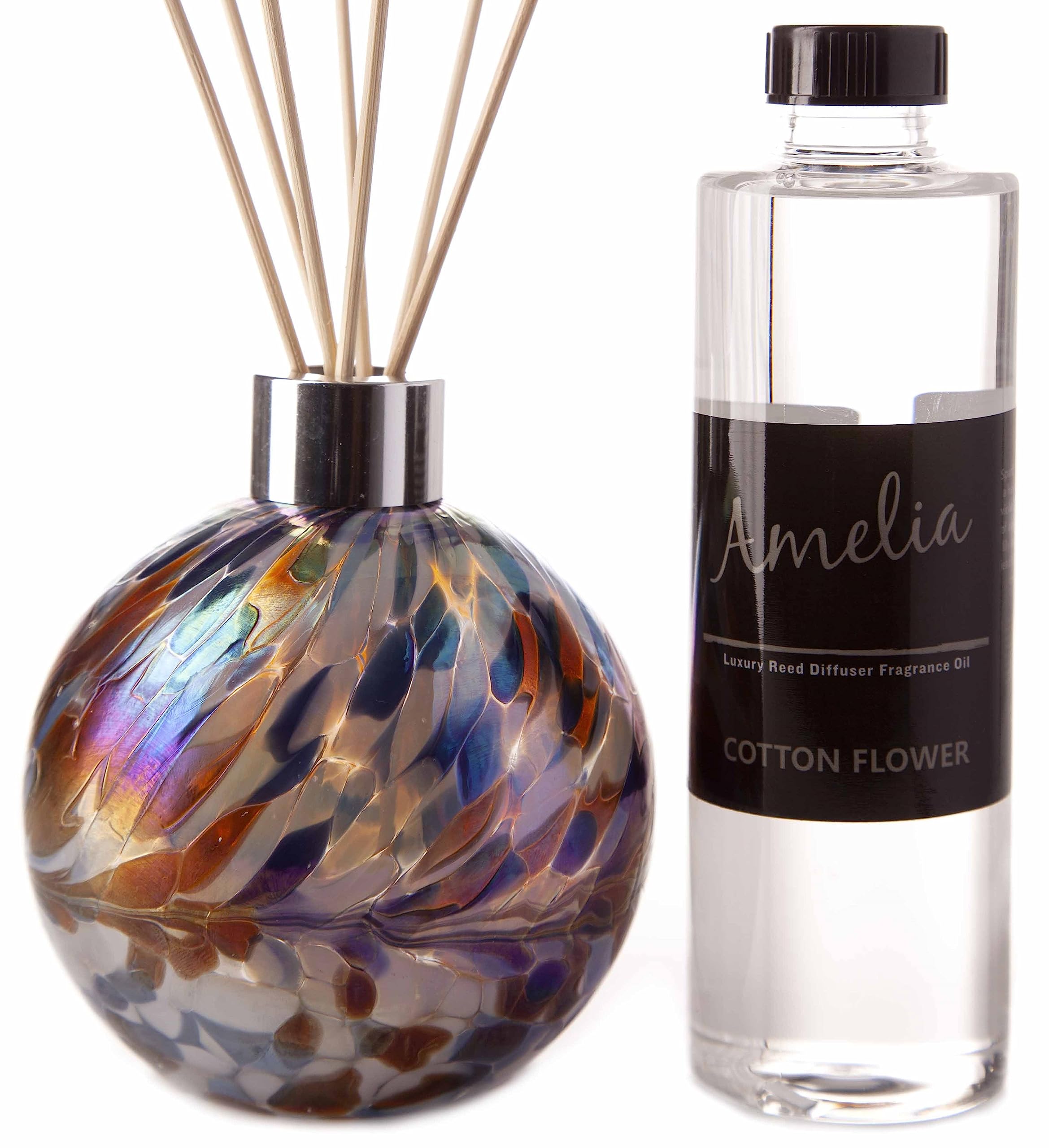 Amelia Art Glass Reed Diffuser Gift Set in White, Blue & Red with Cotton Flower Fragrance