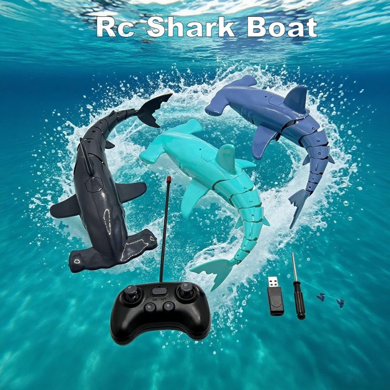 Beach and Summer Pool Remote Control Shark Boat, Bath Toy, RC Submarine Robo Shark Model, Realistic Wiggle-Tail Electric Fish, Hammerhead and Dusky Sharks (Cyan)