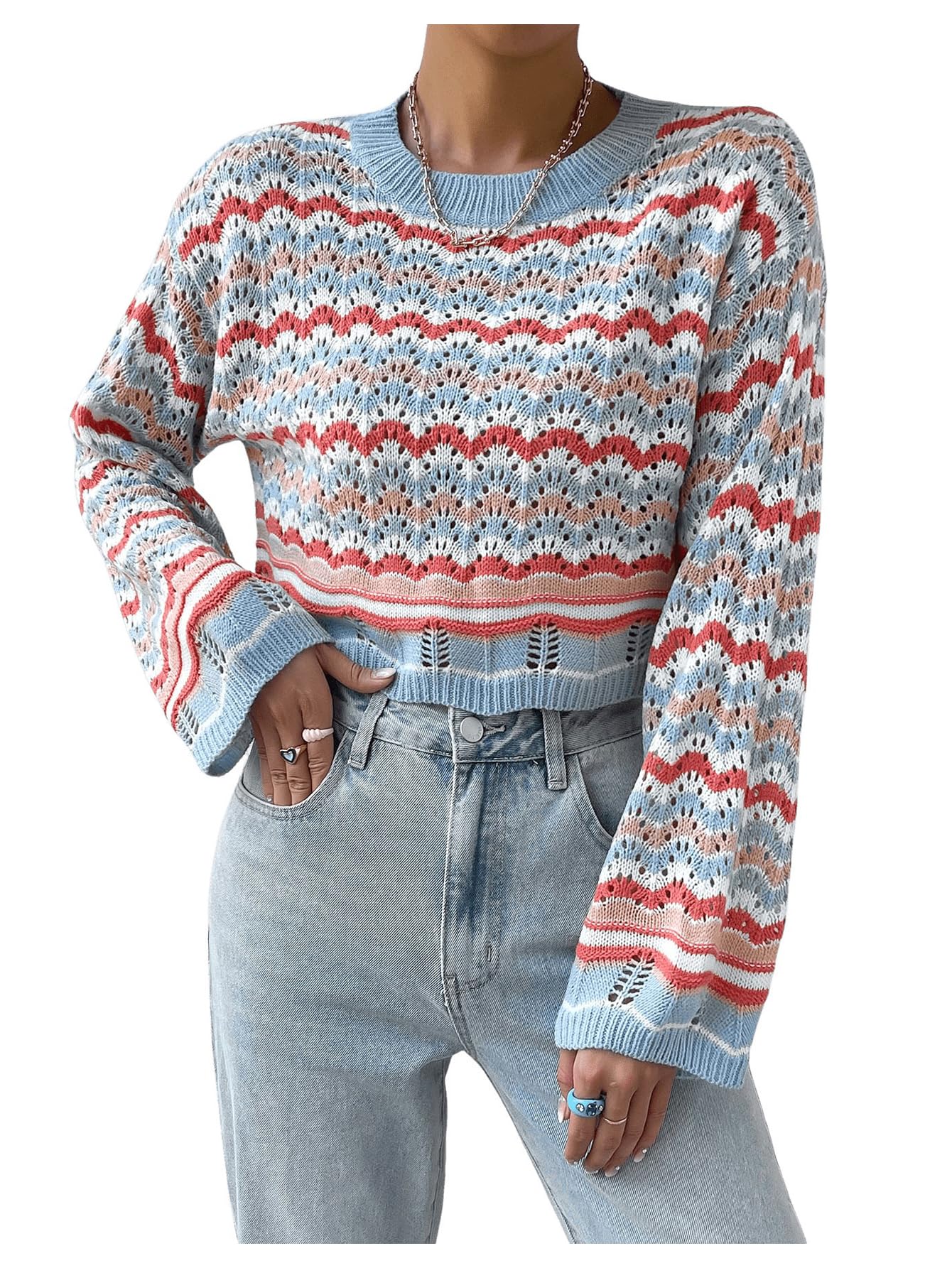 SweatyRocks Womens Long Sleeve Hollow Out Knit Sweater Crop Tops Loose Crochet Pullovers