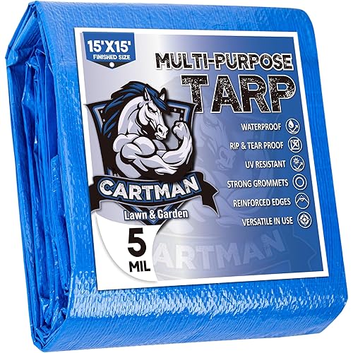CARTMAN Finished Size 15x15 Feet Blue Poly Tarp 5 Mil Thick, Multipurpose Protective Cover for Camping, Tent, Boat, RV, Car