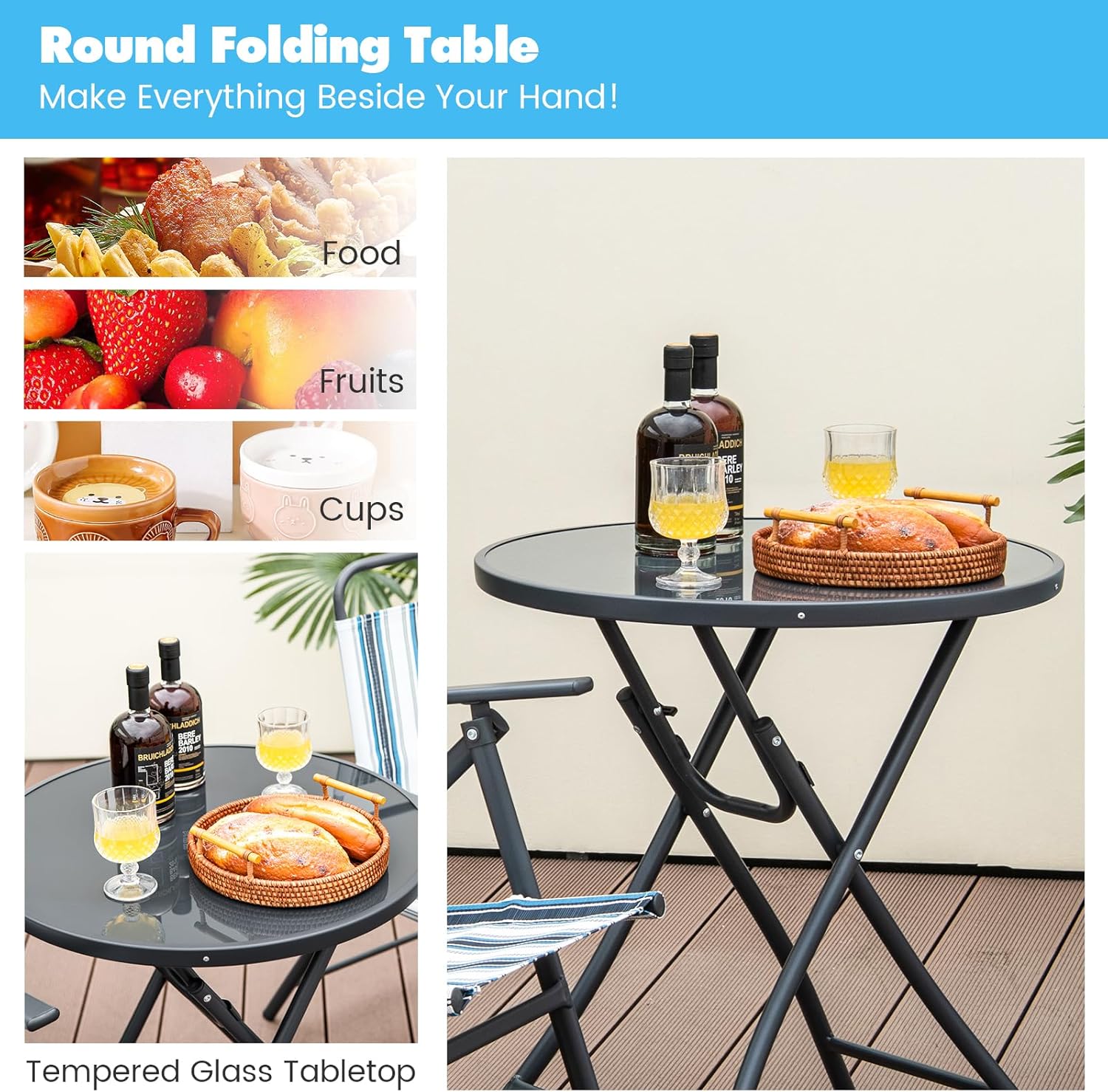 Giantex 3 Pcs Patio Bistro Set, Folding Table and Chairs Set, Metal Outdoor Dining Set with 2 Chairs, Glass Round Side Table, Conversation Furniture Set for Yard Porch Deck Backyard