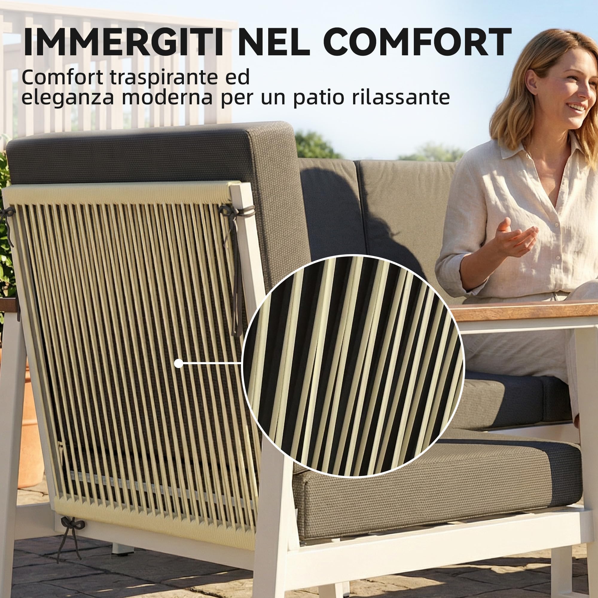 Outsunny Set Salotto da Giardino 4 Pezzi, Set di Mobili da Giardino in Legno di Acacia e Metallo con Divano 2 Posti, 2 Poltrone, Tavolino, Cuscini, Schienale Intrecciato, Salottino da Esterno, Grigio