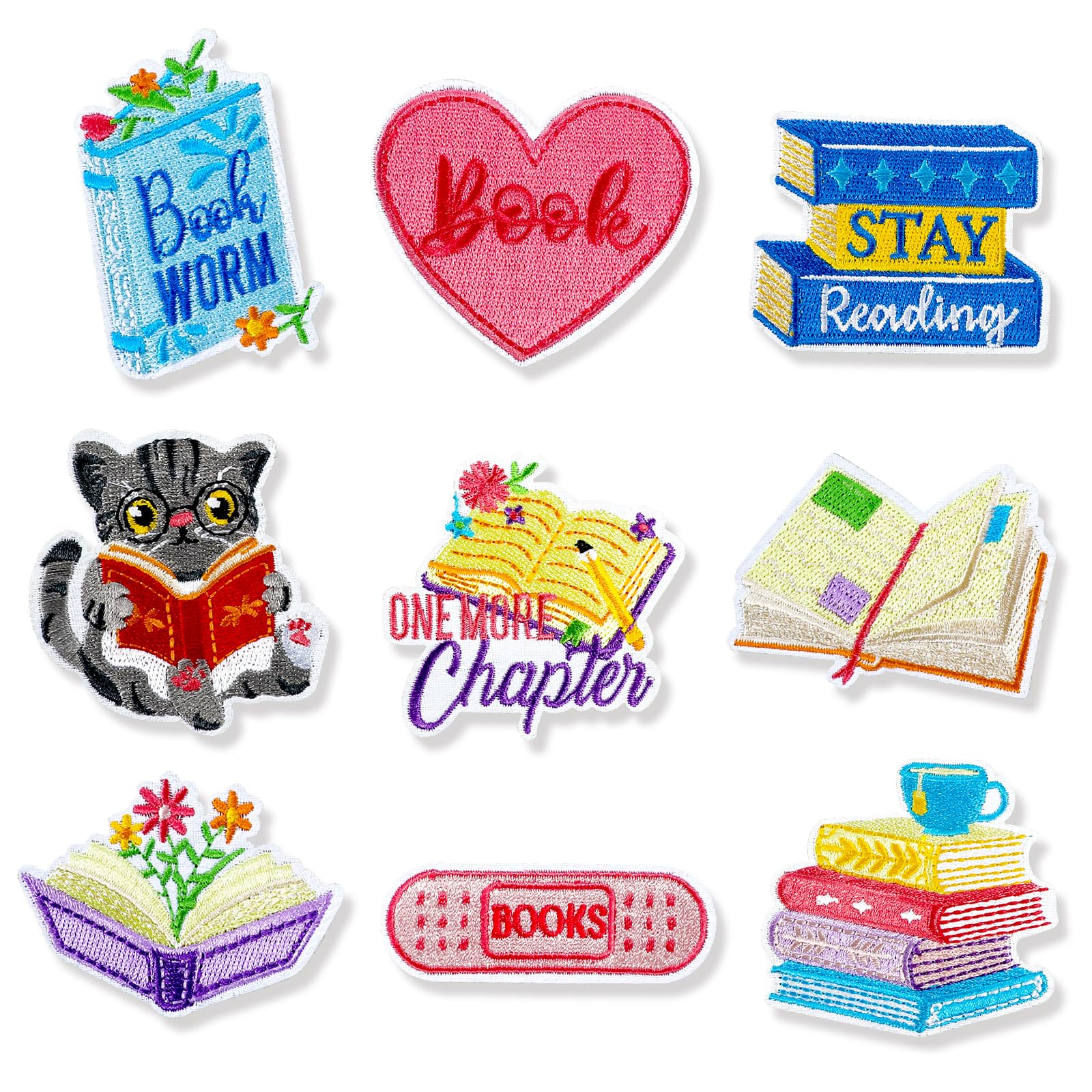 JSRQT 9Pcs Iron on Patches for Clothing, Book Lovers Colorful Self Adhesive Embroidered Applique, Sew On Repair Embroidery Patches Stickers Decals Students for T-Shirt, Hat, Bag, Jackets, Jeans