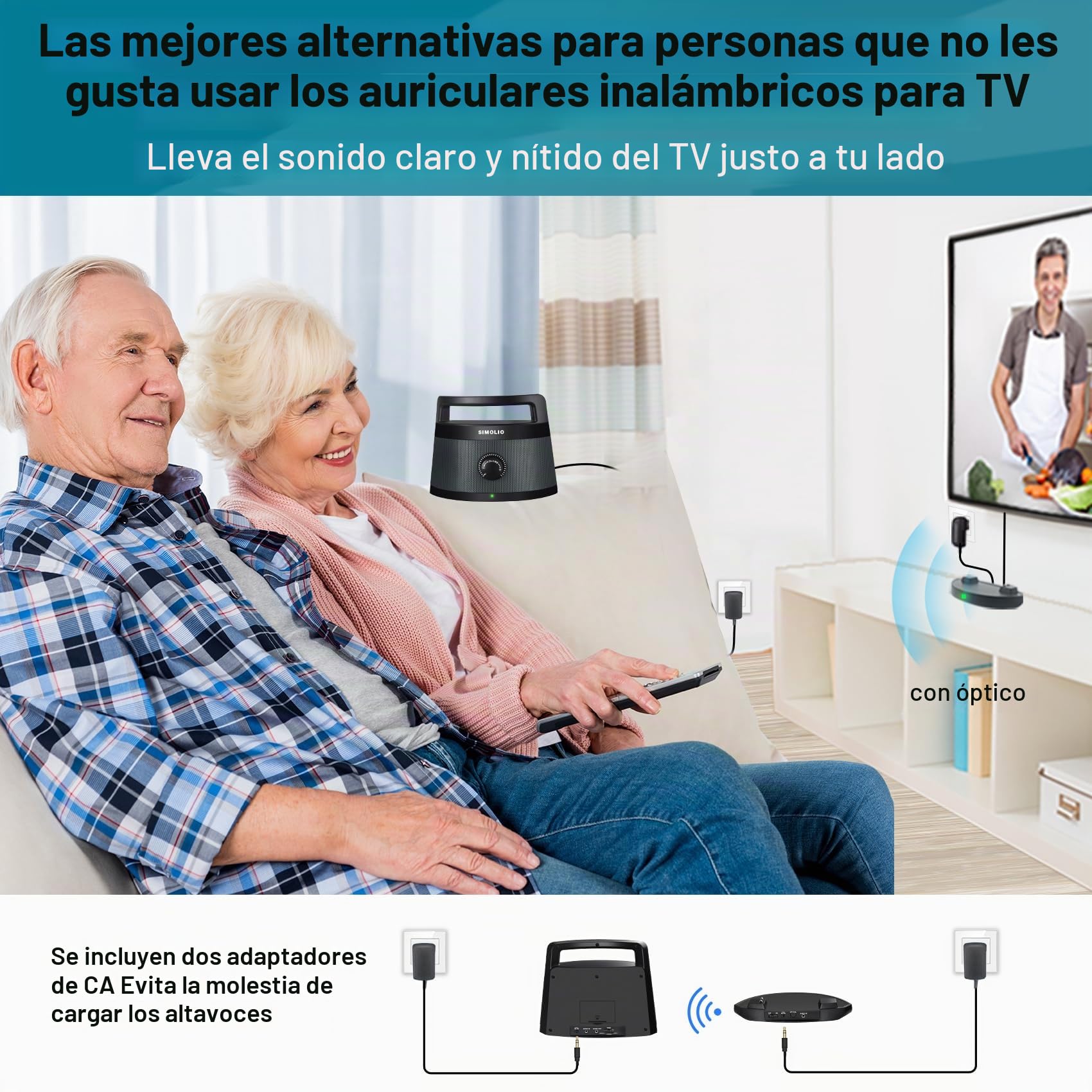 SIMOLIO Altavoz Digital inalámbrico para TV, Altavoz portátil para Escuchar TV, sin demora, Rango de Trabajo de 100 pies, Auricular Adicional y Adaptador SM-621D