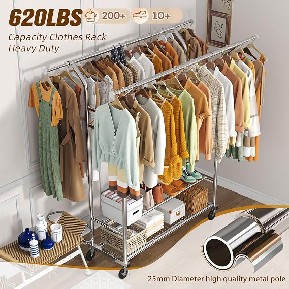 Simple Trending Heavy Duty Clothing Clothes Rack for Hanging, Rolling Double Rod Garment Rack Organizer with Wheels Load 620 LBS, Chrome