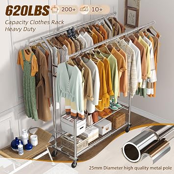 Simple Trending Heavy Duty Clothing Clothes Rack for Hanging, Rolling Double Rod Garment Rack Organizer with Wheels Load 620 LBS, Chrome