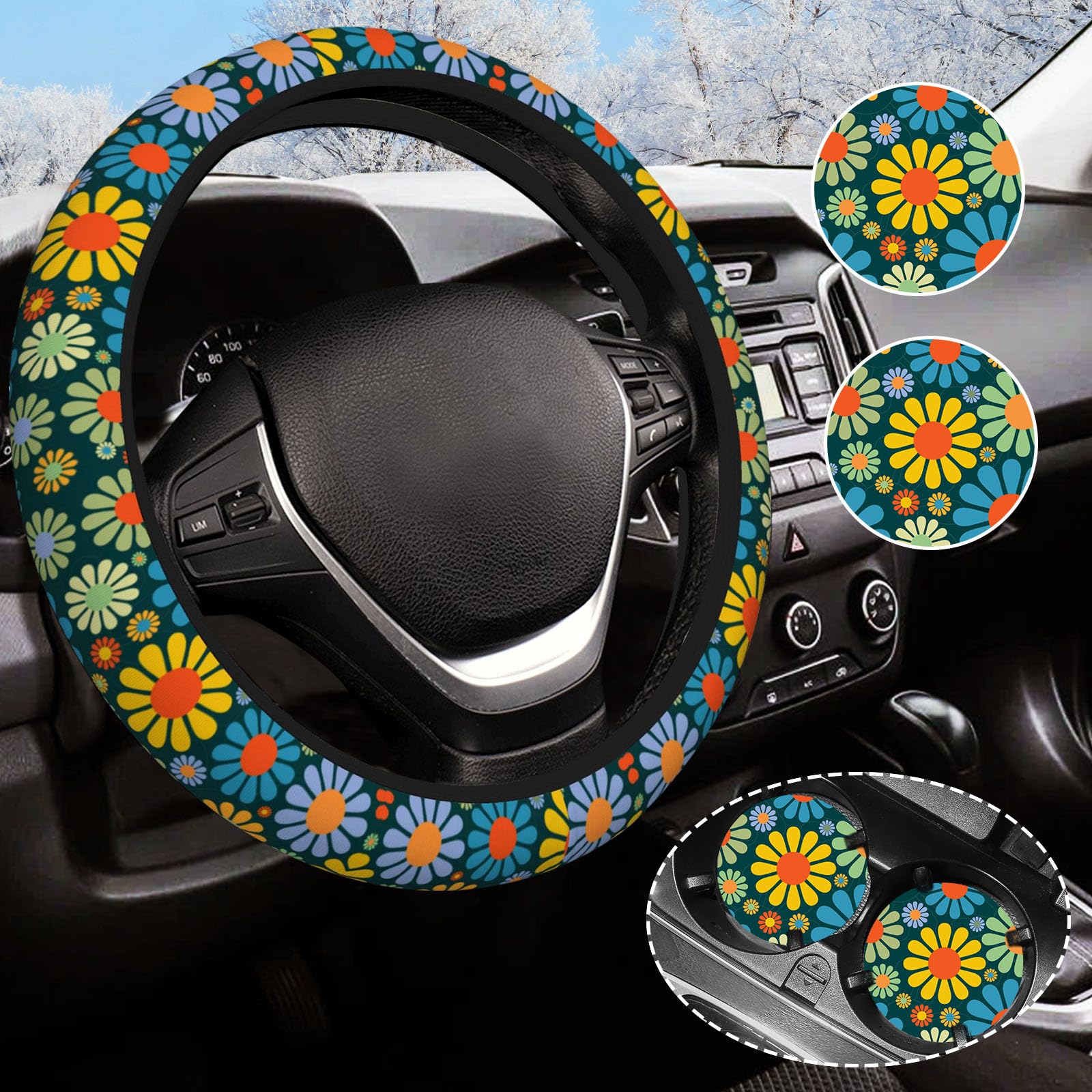 Hippie Daisy Flower Steering Wheel Cover for Women Men with 2 Pcs Car Coasters, Universal 14.5-15 Inch Rainbow Steering Wheel Covers Non-Slip Car Accessories for Girls
