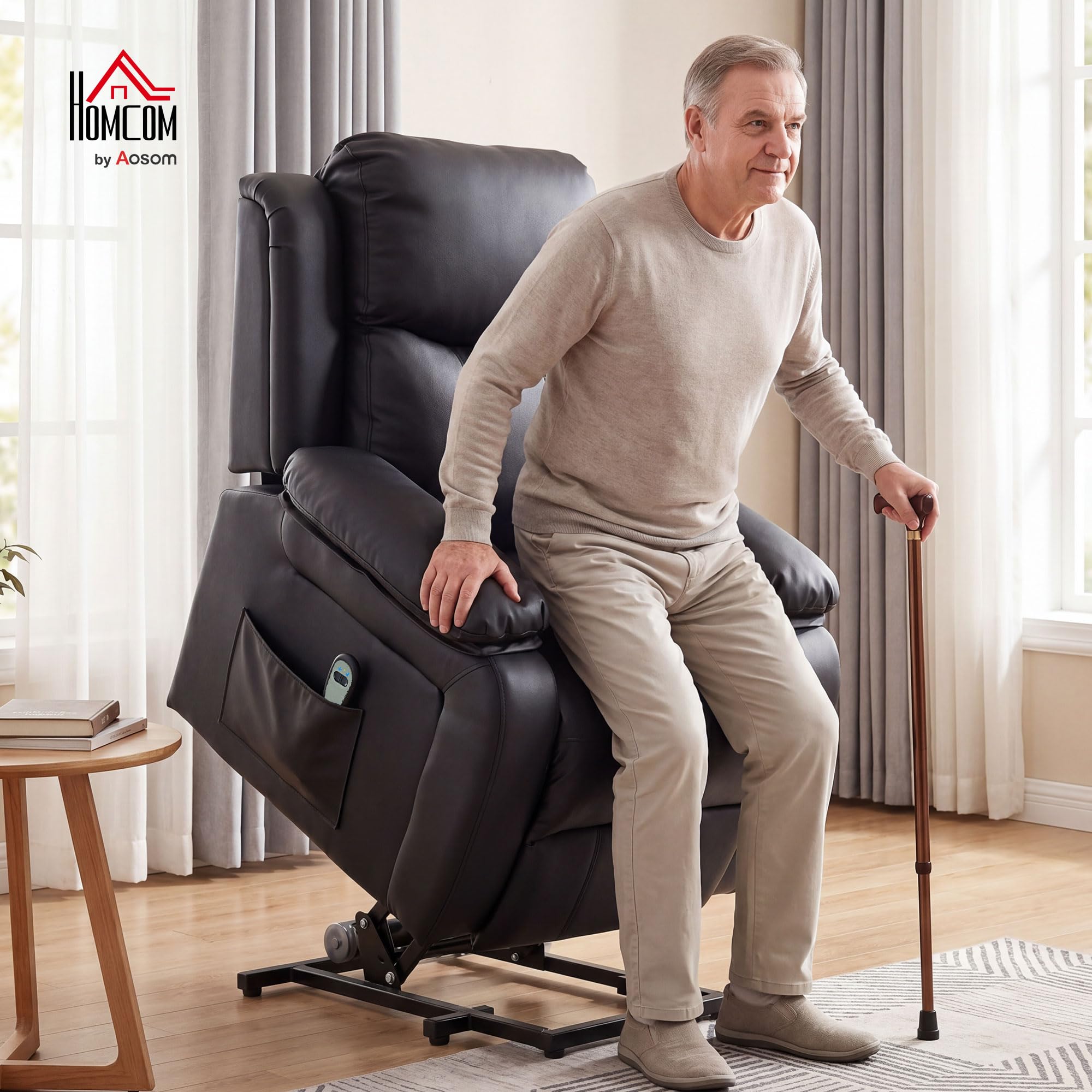 HOMCOM Fauteuil releveur électrique, Fauteuil Relax électrique avec Repose-Pied, Dossier inclinable, télécommande et Poches latérales, revêtement en PU, pour Personnes âgées, Noir