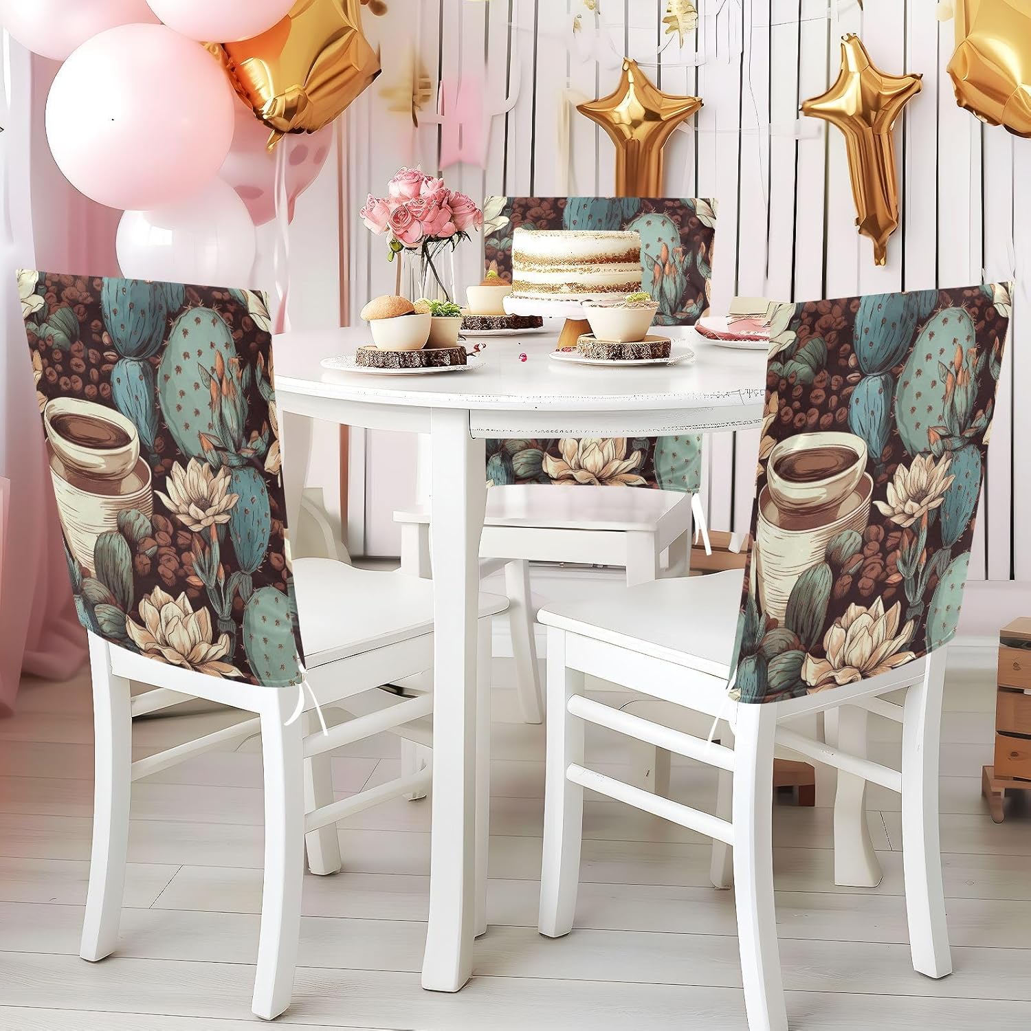 ALAZA Coffee Cactuses Chair Back Cover Set of 6, Washable Reusable Removable Chair Slipcovers Decorative Chair Cover for Home Kitchen Wedding Party