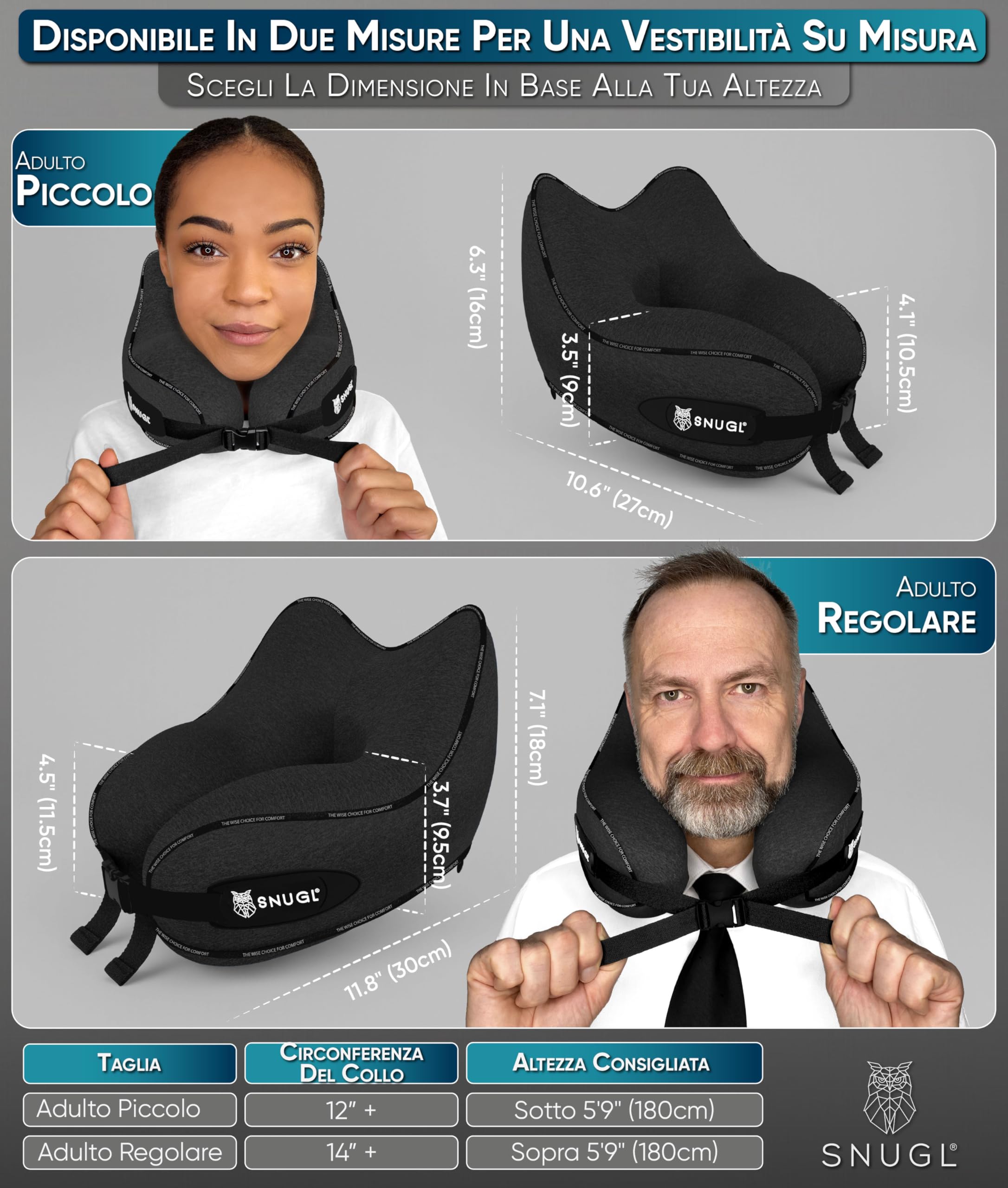 SNUGL Cuscino da Viaggio Ergonomico – Cuscino Aereo in Memory Foam – Cuscino Cervicale da Viaggio – Cuscino Cervicale per Dormire – Supporto Collo per Aereo, Auto, Treno | (Nero - Adulto Piccolo)