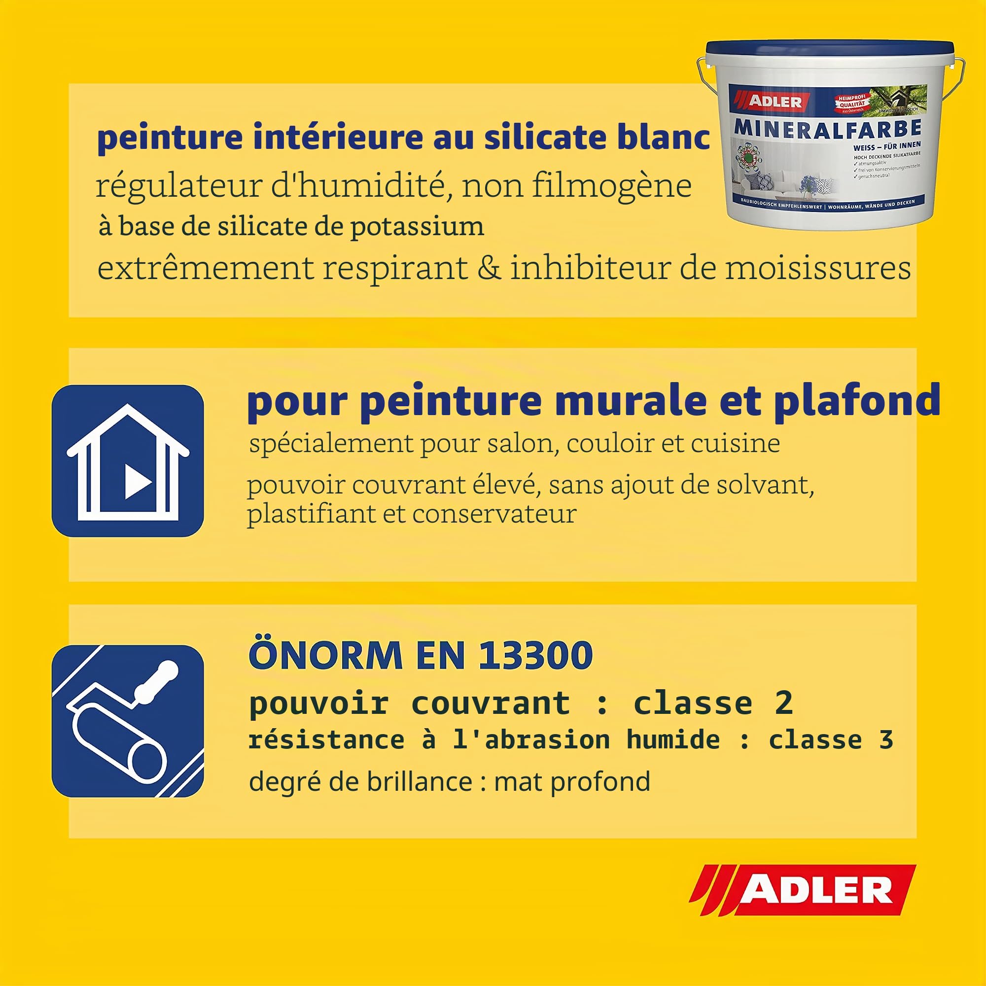 ADLER Peinture minérale au silicate blanche inodore pour l'intérieur - 14 kg - Sans solvants, plastifiants ni conservateurs