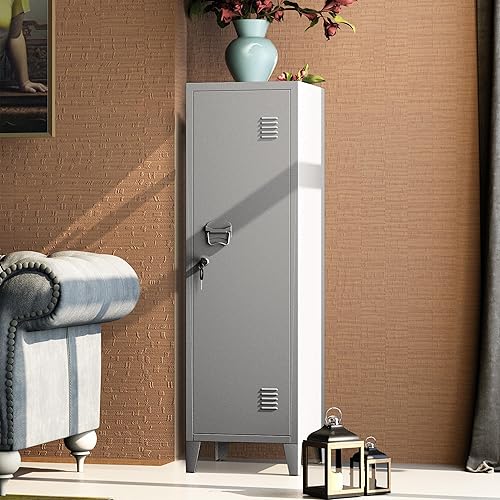 Miniatura 5 de MIOCASA Armario de metal para oficina en casa con puertas y estantes con cerradura de 3 puertas, organizador de archivadores para niños (gris)