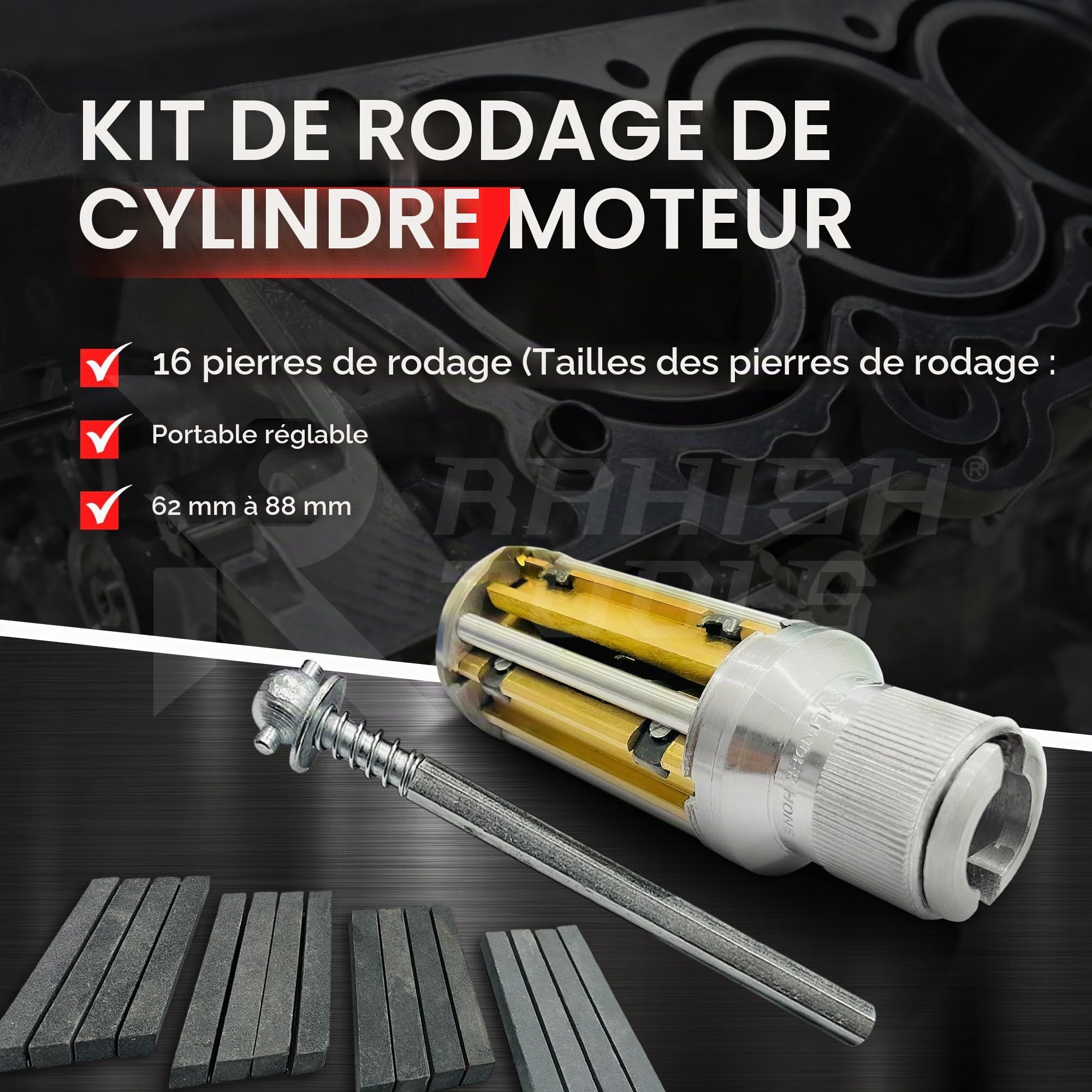 Kit de rodage de cylindre de moteur 62 mm à 88 mm - Kit d'outils de meulage manuel réglable avec 16 pierres - Tailles : 3" x 3/8" x 3/8" - Convient aux moteurs de voiture de taille