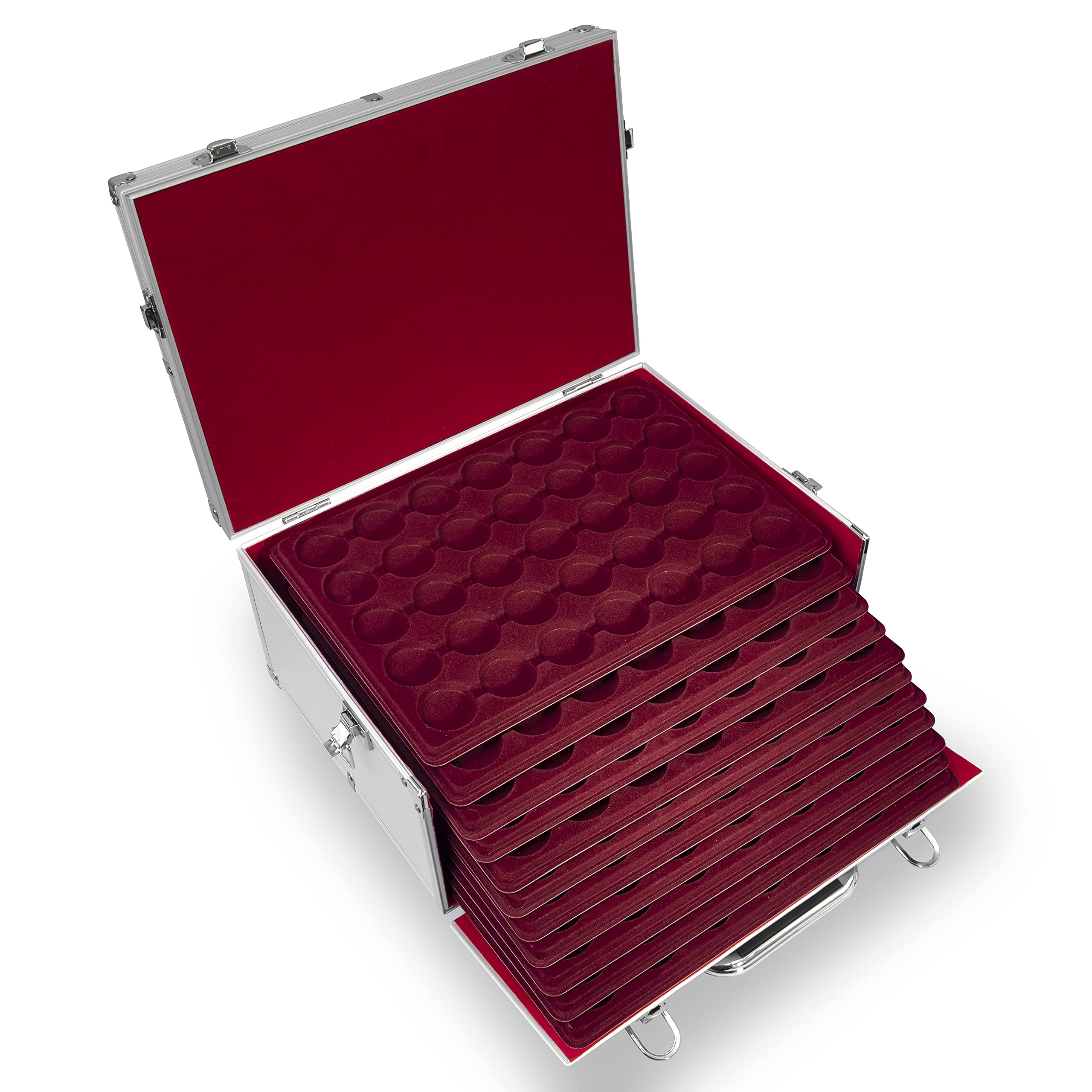 MC.Sammler Mallette en aluminium avec 11 plateaux pour 385 pièces de 10, 20, 25 euros, 10 pièces DM dans des capsules jusqu'à 37,7 mm (sans capsules de monnaie)