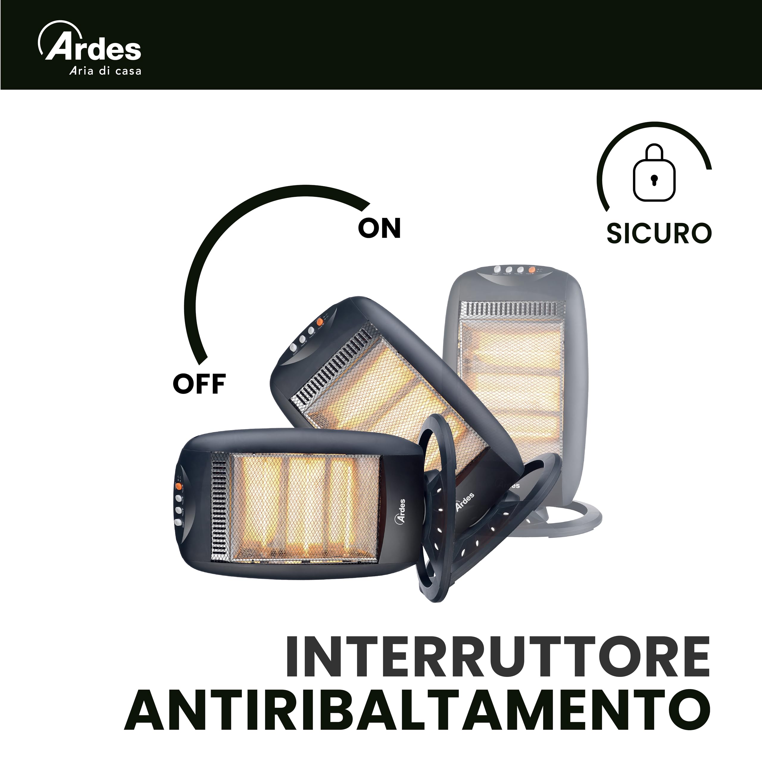 ARDES HALO 12 AR454B Stufa elettrica alogena 1200 W con 3 livelli | oscillazione orizzontale e copertura 40 m³, termoventilatore a basso consumo per uso domestico