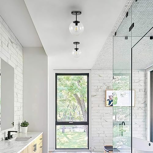 Miniatura 2 de Lámpara de techo semiempotrada de globo moderno de mediados de siglo, cristal transparente con acabado, luces colgantes de cristal negro de 1 luz