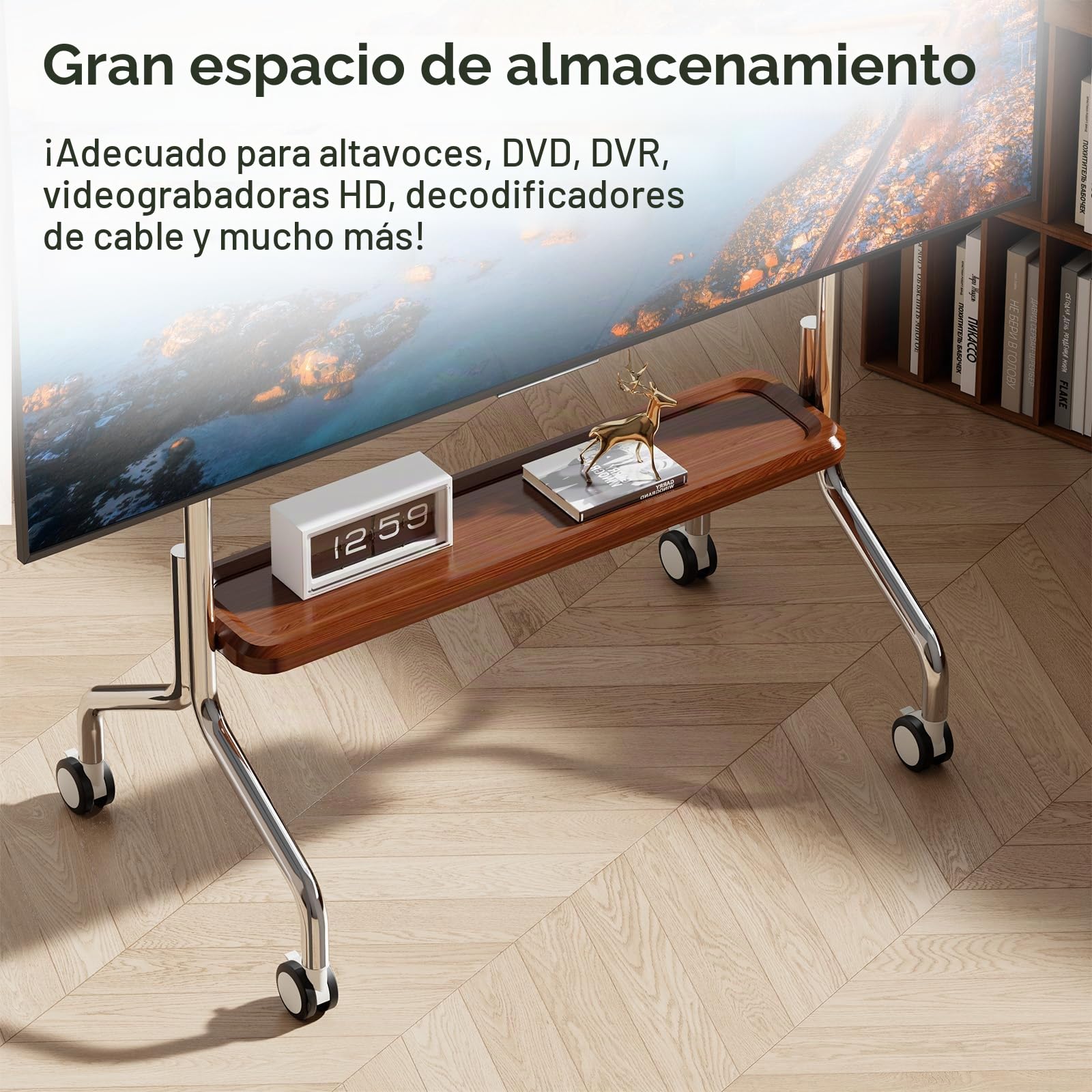 Soporte TV Ruedas para Televisión de 32 a 75 Pulgadas, hasta 50 kg | Con Estante, Tablero Perforado, Giro 360°, Diseño en acero inoxidable, Gestión de Cable, Máx.VESA 600x400mm