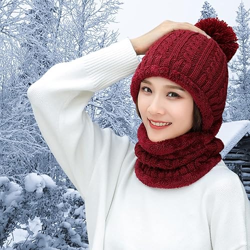 Vista 5 de Gorros de invierno para mujer, de una pieza, con forro polar, de punto, pasamontañas, con cuello de calavera, bufanda circular, sombrero de nieve