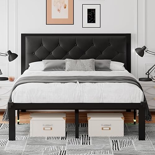 Miniatura 1 de Halence Marco de cama de metal de tamaño matrimonial con cabecera tapizada de piel sintética con puntada rómbica, plataforma resistente con soporte