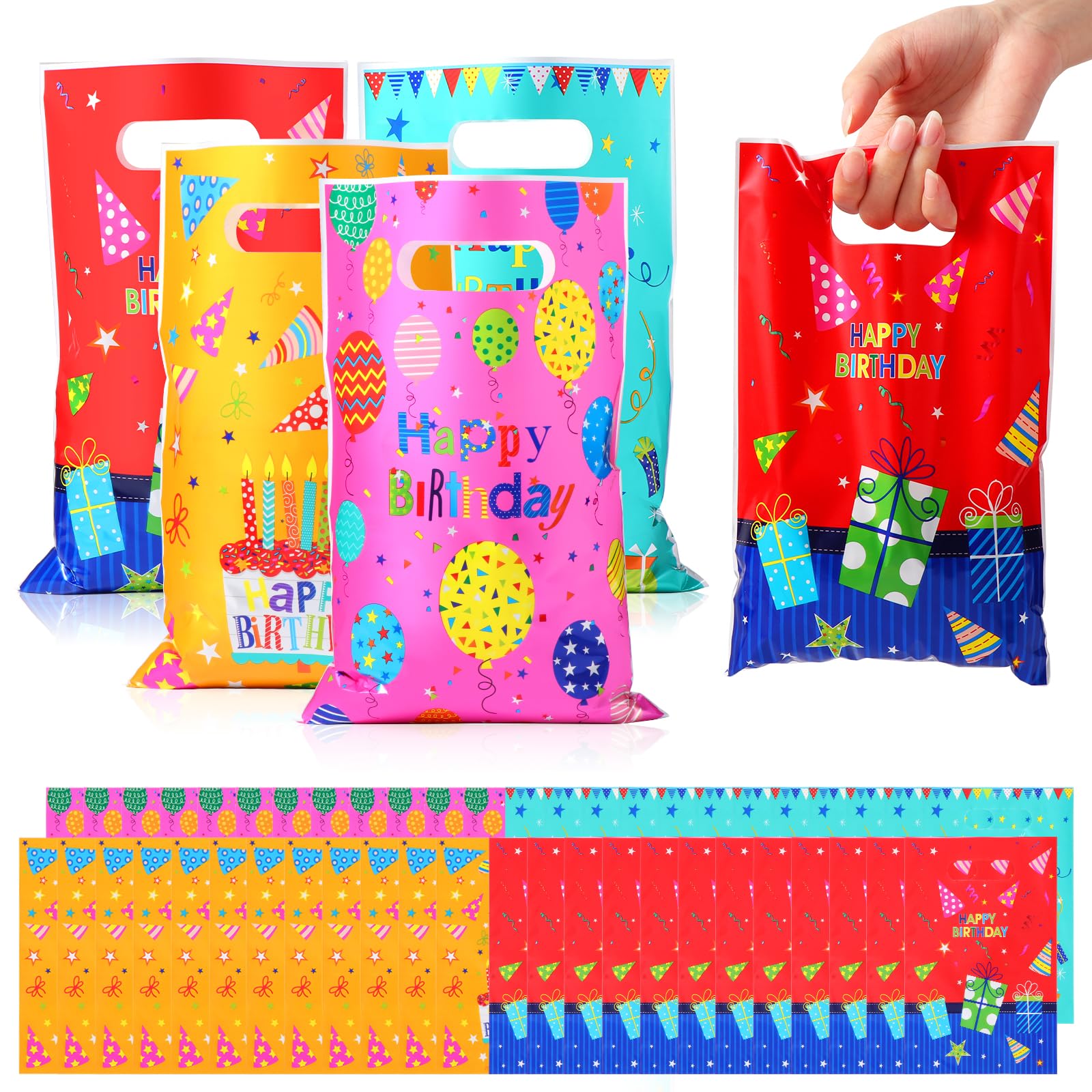 Brencco Birthday Party Bags for Kids Party 50 PCS Gift Goodie Favor Bag Girls Boys Birthday Party Supplies 16.5 cm x 25 cm Plastic Colorful Gift Bags