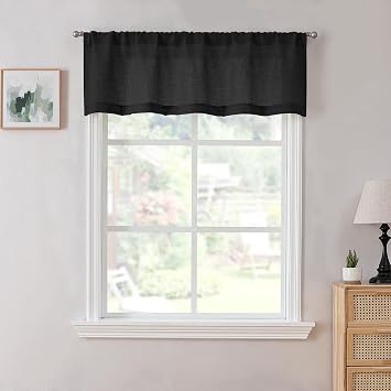 Tollpiz Linen Valance Bedroom Rod Pocket Semi Sheer Curtain Valances Burlap Light Filtering Thick Linen Valance Drape for Living Room, 54 x 16 inches Long, Black, Set of 1 Panel