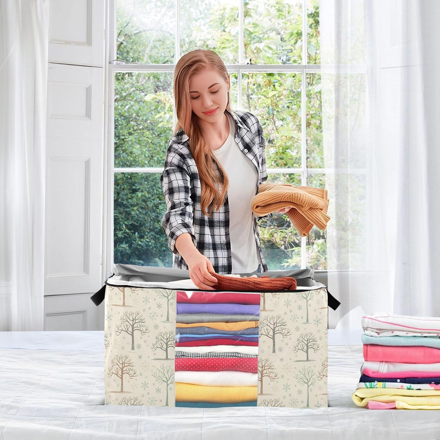 Burbuja 2 Pack Storage Bag Organizer with Handles for Clothes, Blankets, Bedding, Trees Foldable Storage Bag with Zipper & Clear Window, 95L