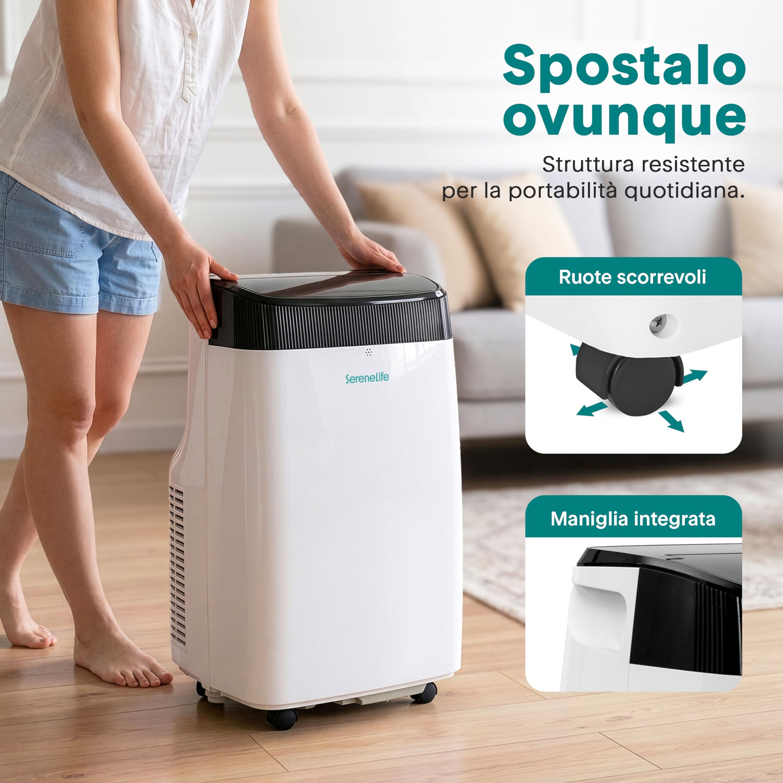 SereneLife Przenośny Klimatyzator 9000 BTU – Klimatyzator z Rurą Odprowadzającą Powietrze, Urządzenie 3 w 1 z Wentylatorem, Chłodzeniem i Osuszaczem Powietrza, Zestawem Uszczelniającym do Okna