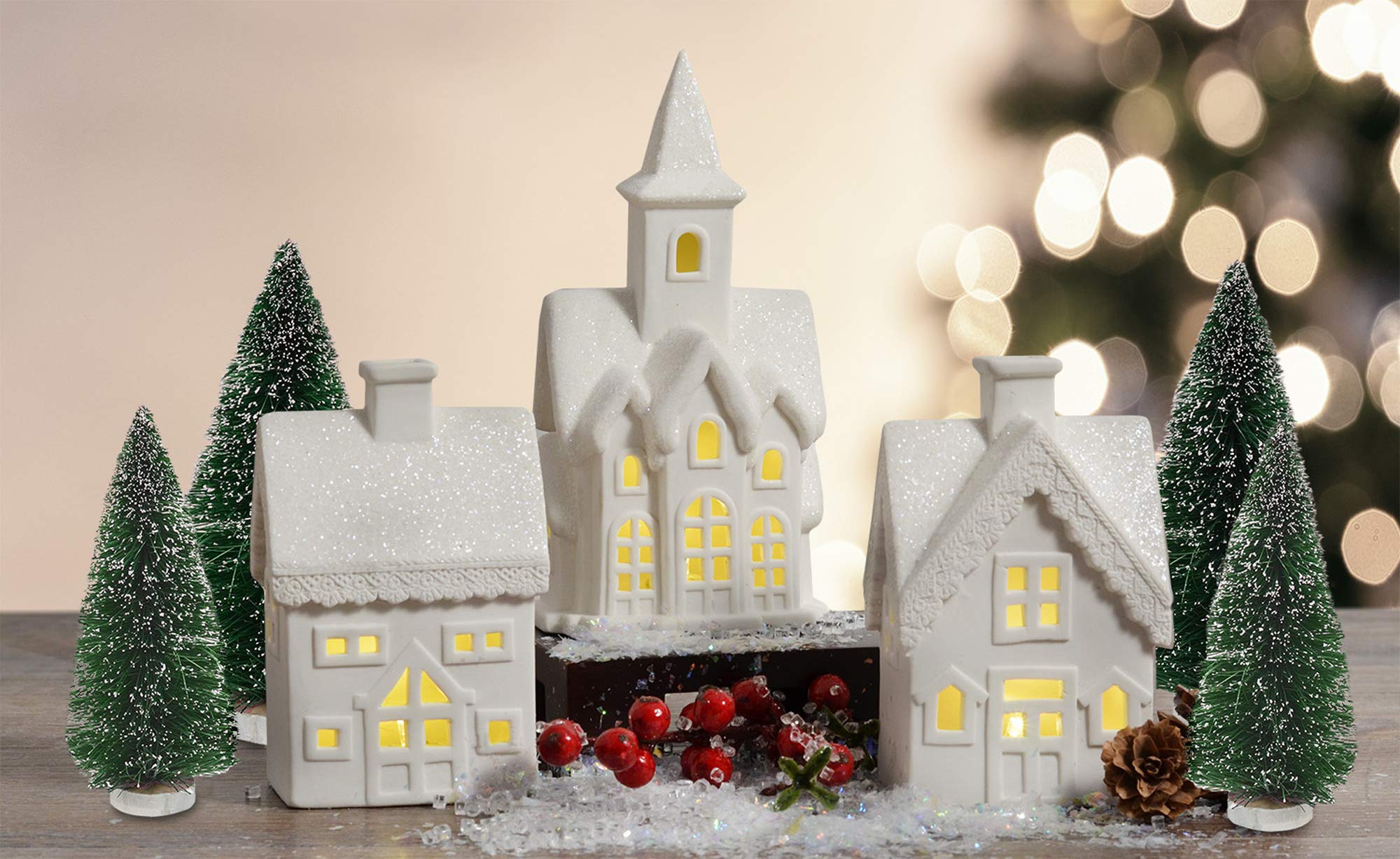 Mark Feldstein & Associates Village with Trees - Juego de 7 Figuras navideñas de Porcelana sin esmaltar de 6 Pulgadas, Color Blanco