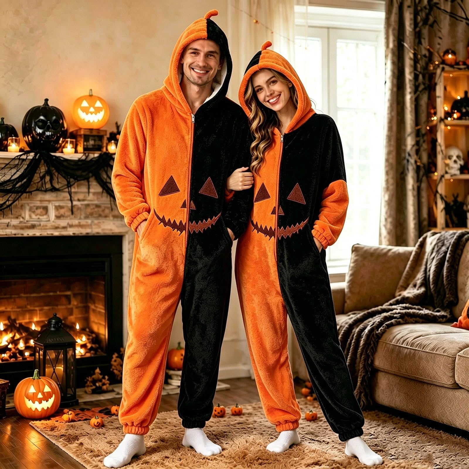 Generico Vestito Halloween Adulto - Tuta Intera con Cappuccio in Pile per Halloween Invernale Coordinato con Stampa di Zucca Comodo e Rilassante per Uso Domestico e Quotidiano