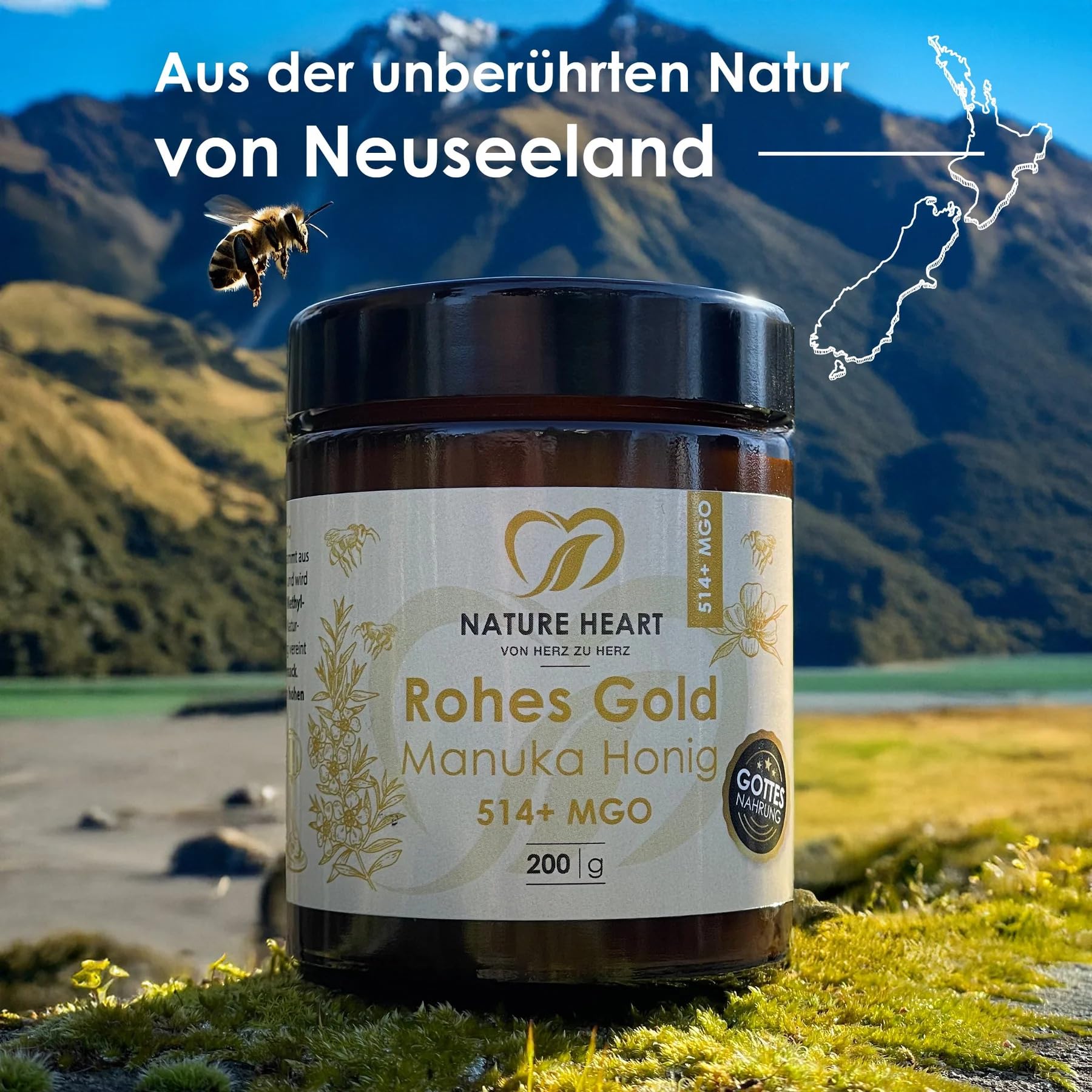 Nature Heart 3x Manuka Honig MGO 514+ | 100% Neuseeland | Roher Manuka Honig | 100% rein ohne Zusatzstoffe | Unabhängig geprüft | Abgefüllt in Deutschland