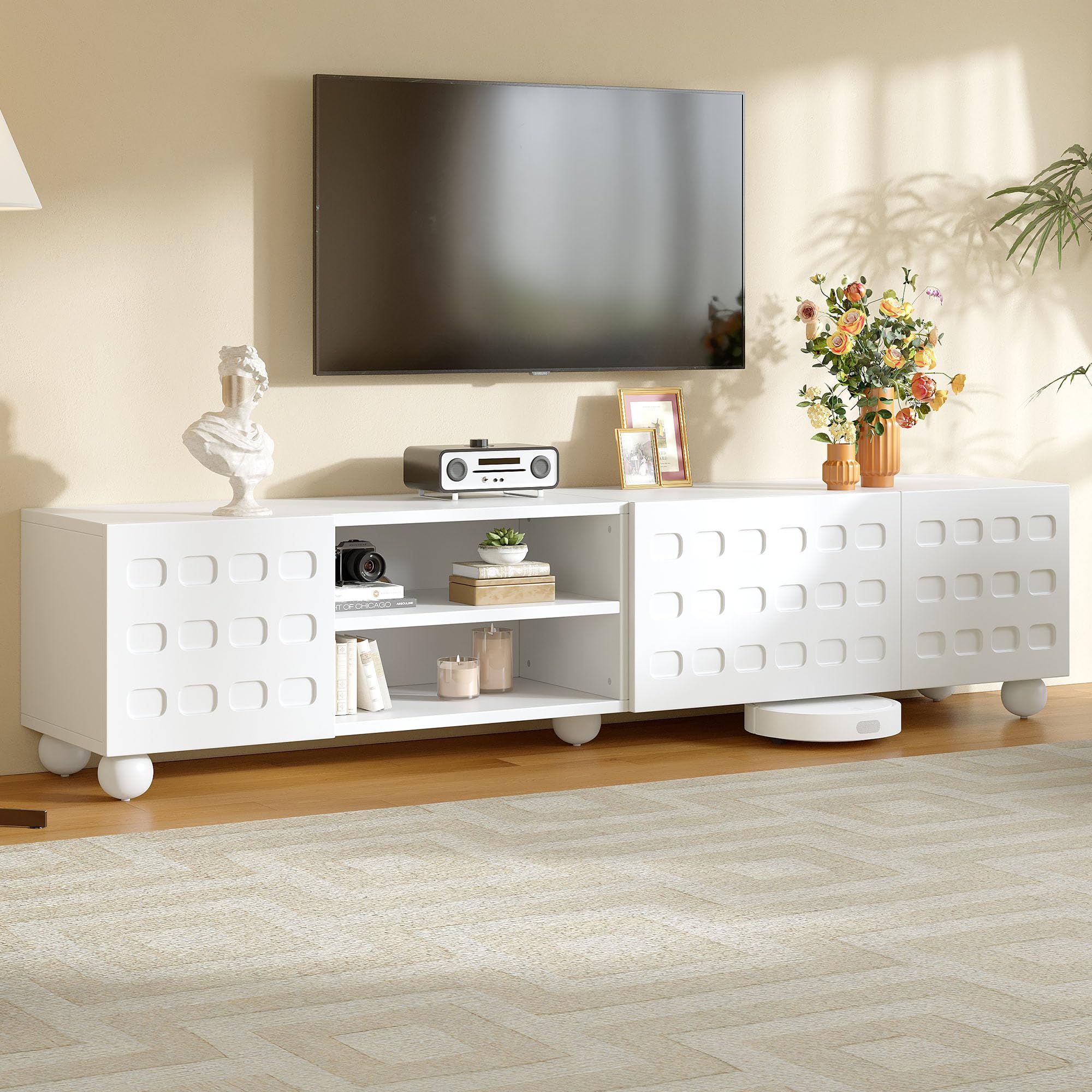 Mueble bajo para TV (200 x 40 x 44 cm, 3 puertas, con diseño impreso, 5 patas, 200 cm, apto para televisores de hasta 80 pulgadas), color blanco