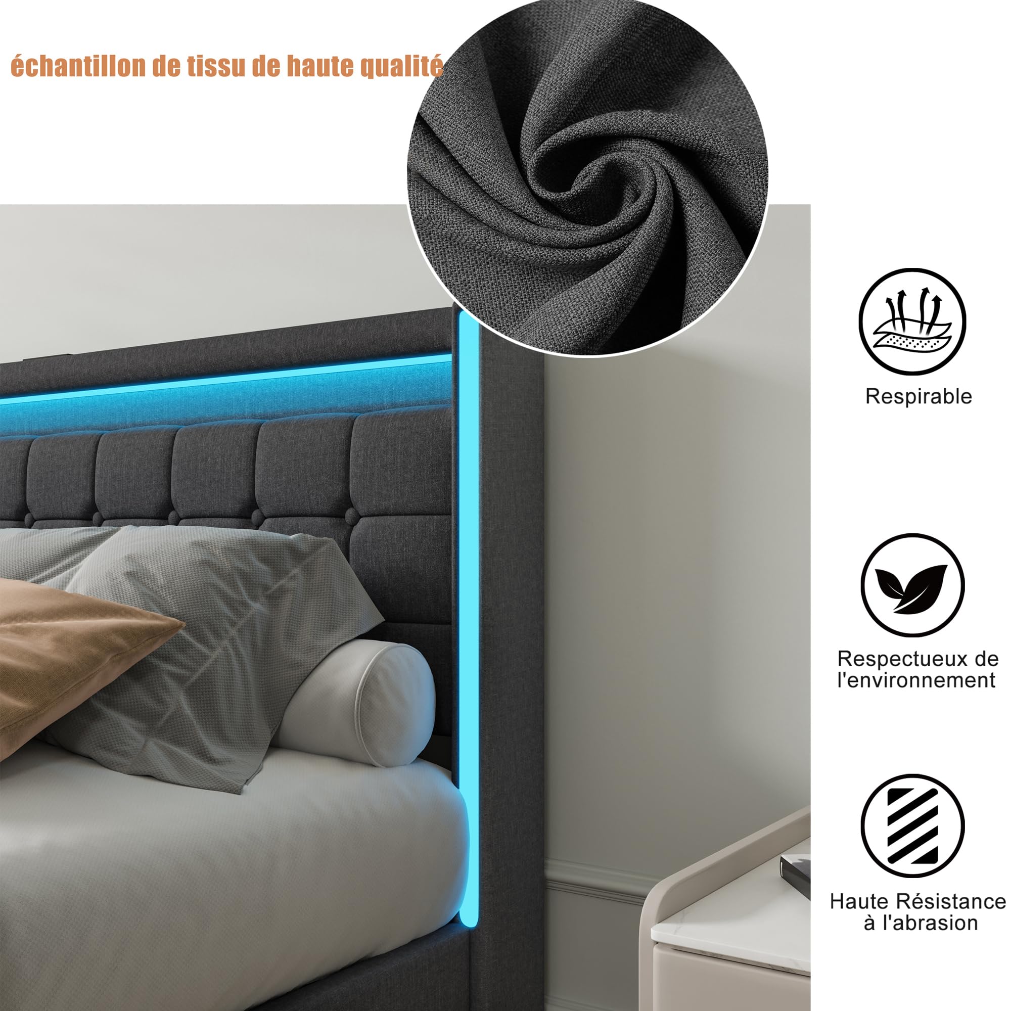 Podwójne łóżko 140 x 190 cm, łóżko tapicerowane z 4 szufladami do przechowywania, pikowana rama łóżka z oświetleniem LED i portami USB, lniany zagłówek, łóżko 2-osobowe, drewniany stelaż listwowy, bez