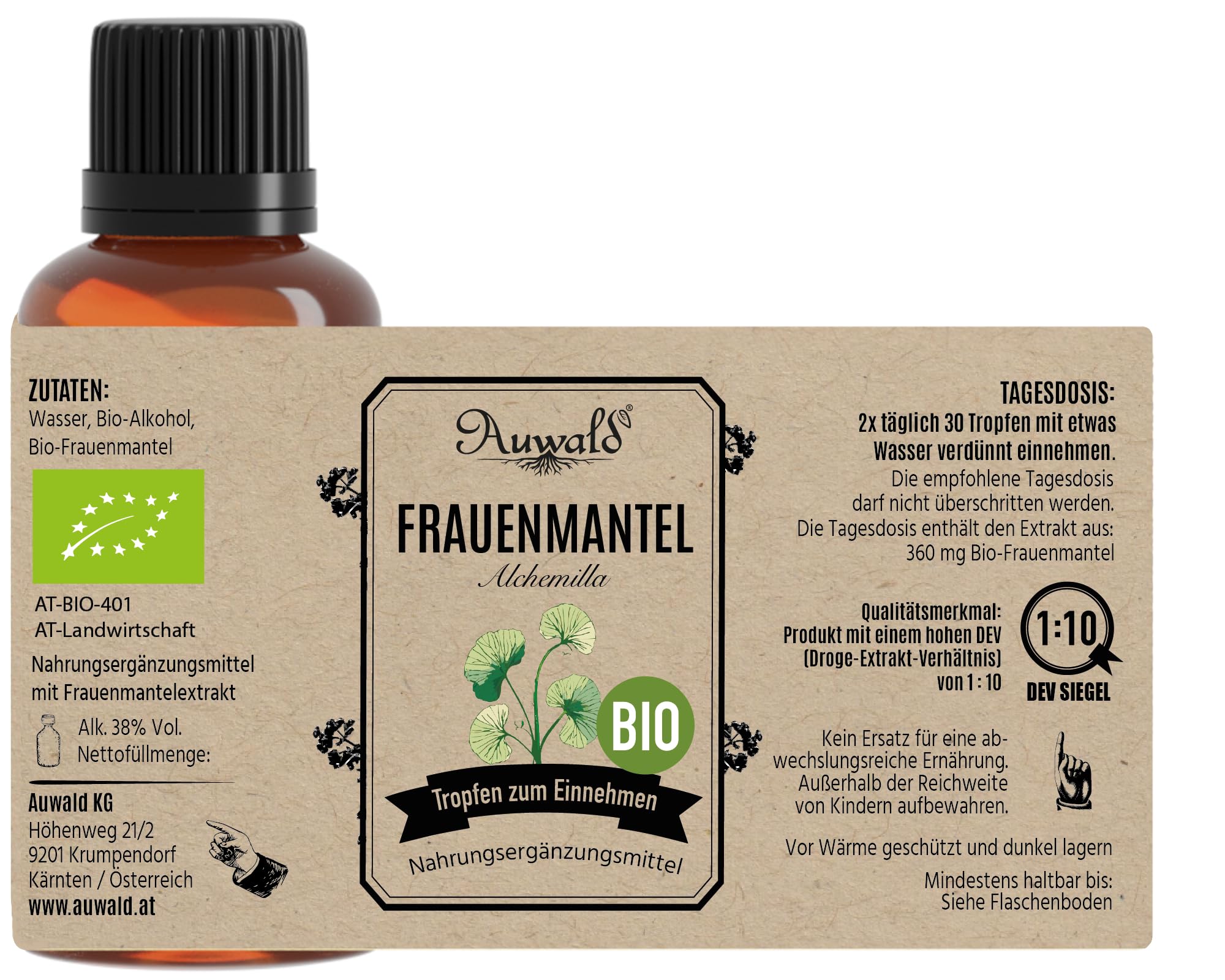 NEU! Auwald Frauenmantel Tropfen BIO – Hochwertiger Auszug, Extrakt, Essenz & Tinktur – 100% BIO Landwirtschaft, Frei von künstlichen Zusätzen und Farbstoffen, Hergestellt in Österreich – 100ml