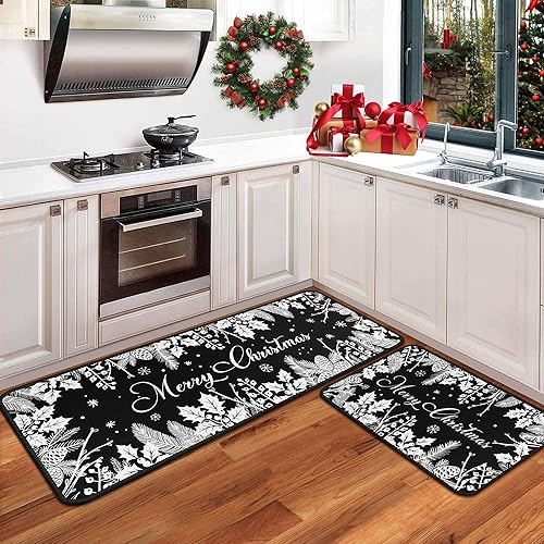 Miniatura 10 de Juego de 2 alfombras y tapetes de cocina de Navidad rojos, decoraciones navideñas para el hogar, tapete de piso de cocina navideño, decoración de