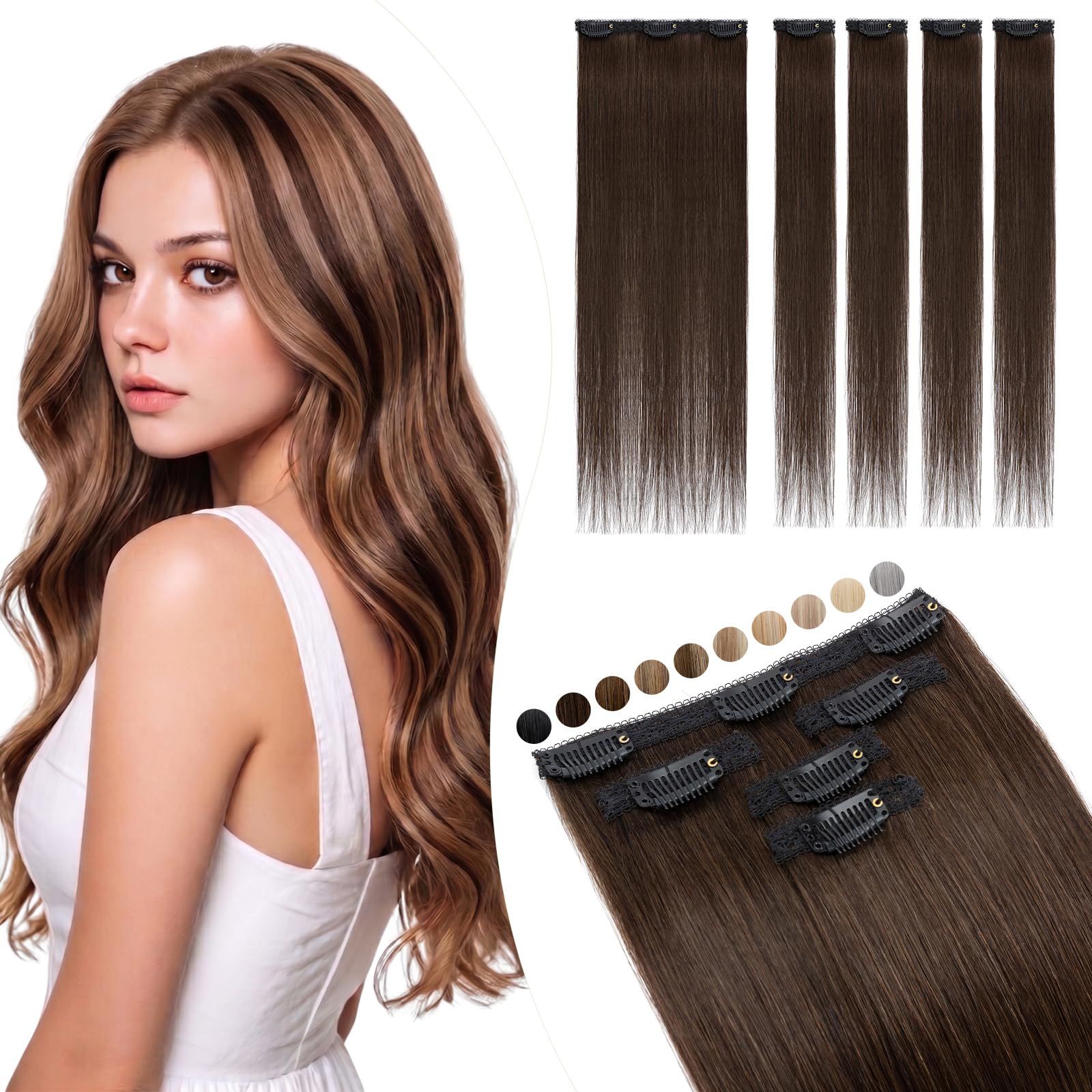 Elailite Echthaar Extensions Clip Silk Lace in Tressen 5Stücke Haarverlängerung Haarteile Unsichtbar 55g 55cm für Volumen/Meches #2R Dunkelbraun